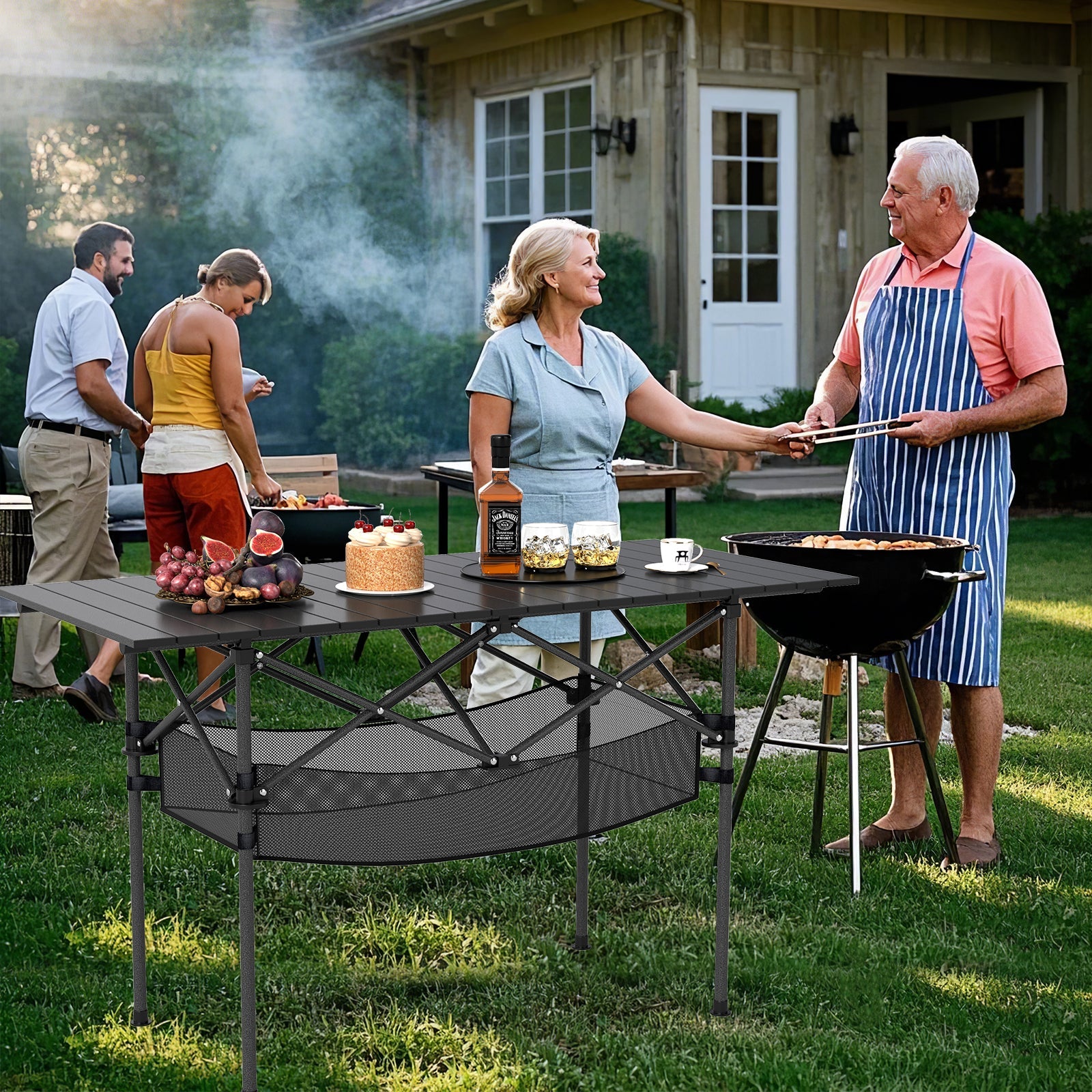 Patio Folding Camping Table with Roll-up Tabletop and Mesh Basket - Energize Trek