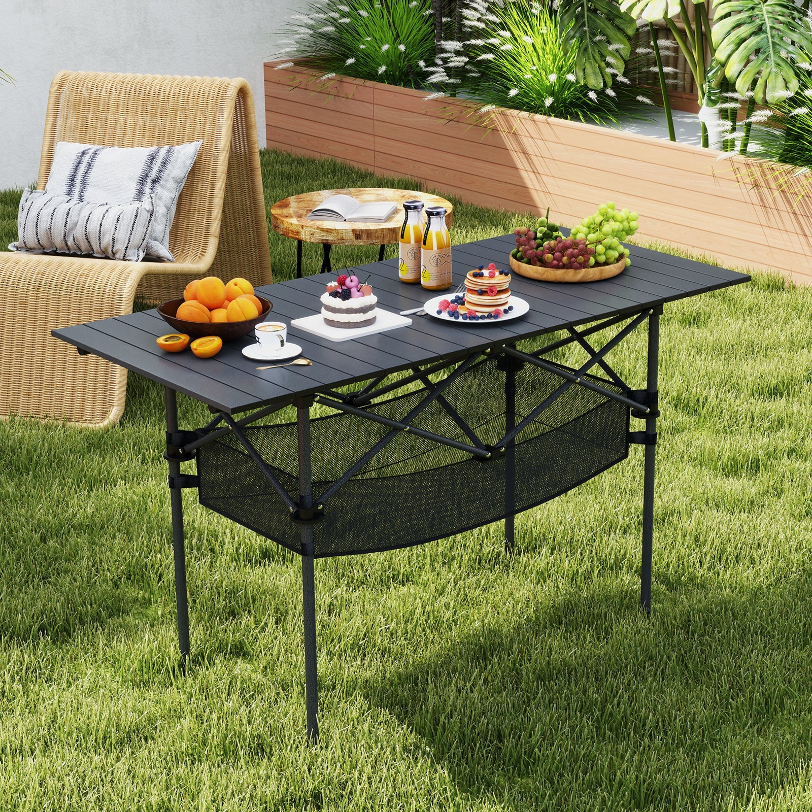 Patio Folding Camping Table with Roll-up Tabletop and Mesh Basket - Energize Trek