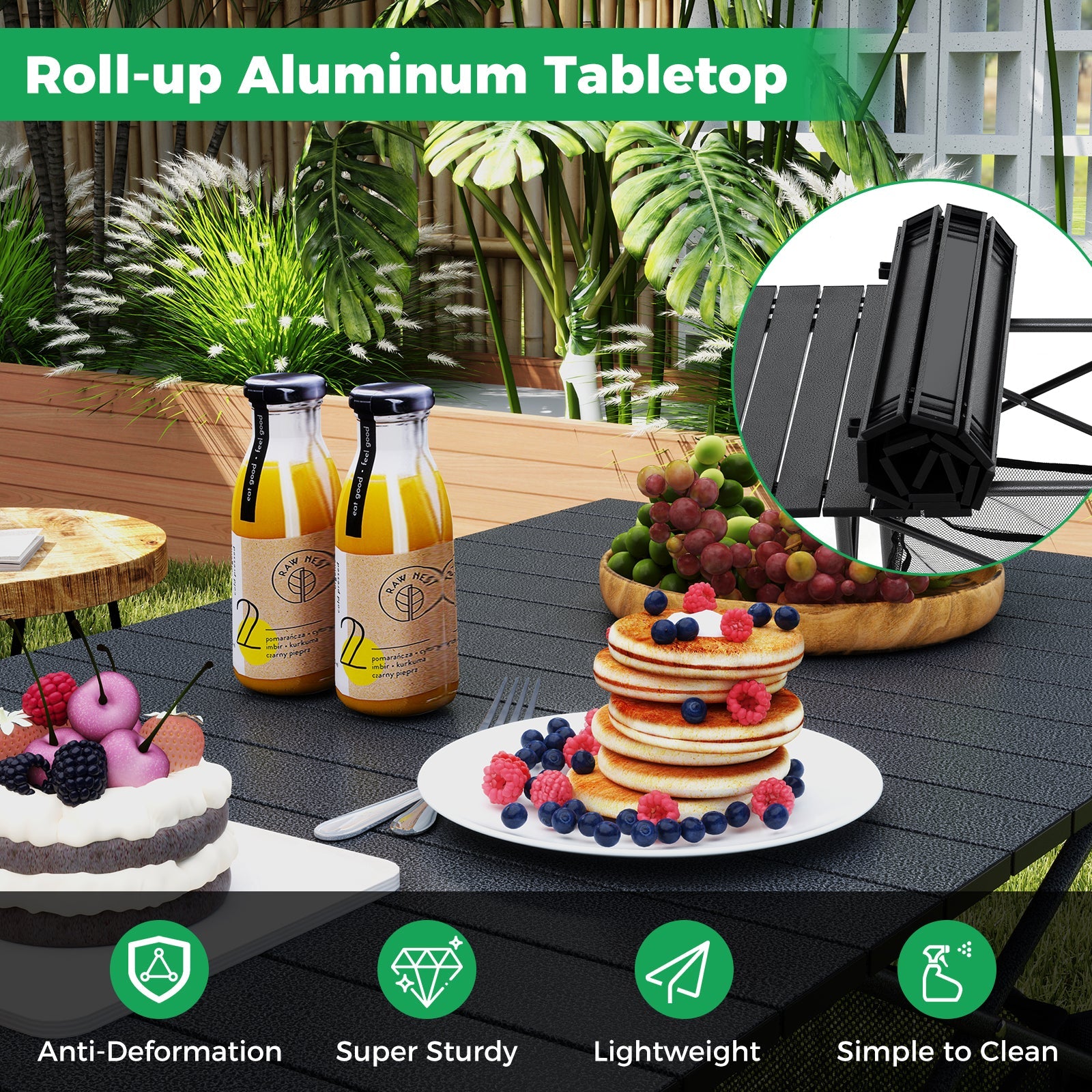 Patio Folding Camping Table with Roll-up Tabletop and Mesh Basket - Energize Trek