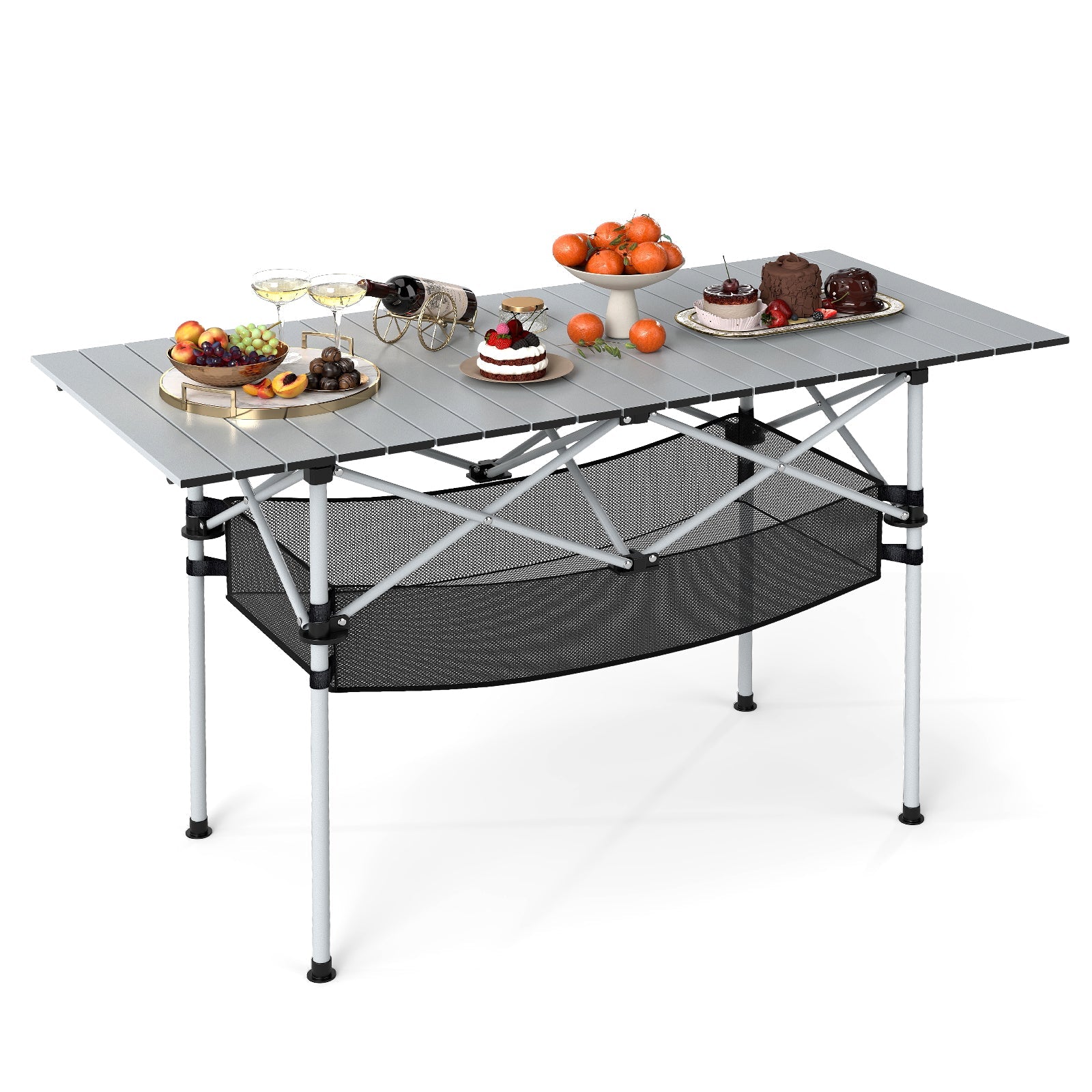 Patio Folding Camping Table with Roll-up Tabletop and Mesh Basket - Energize Trek