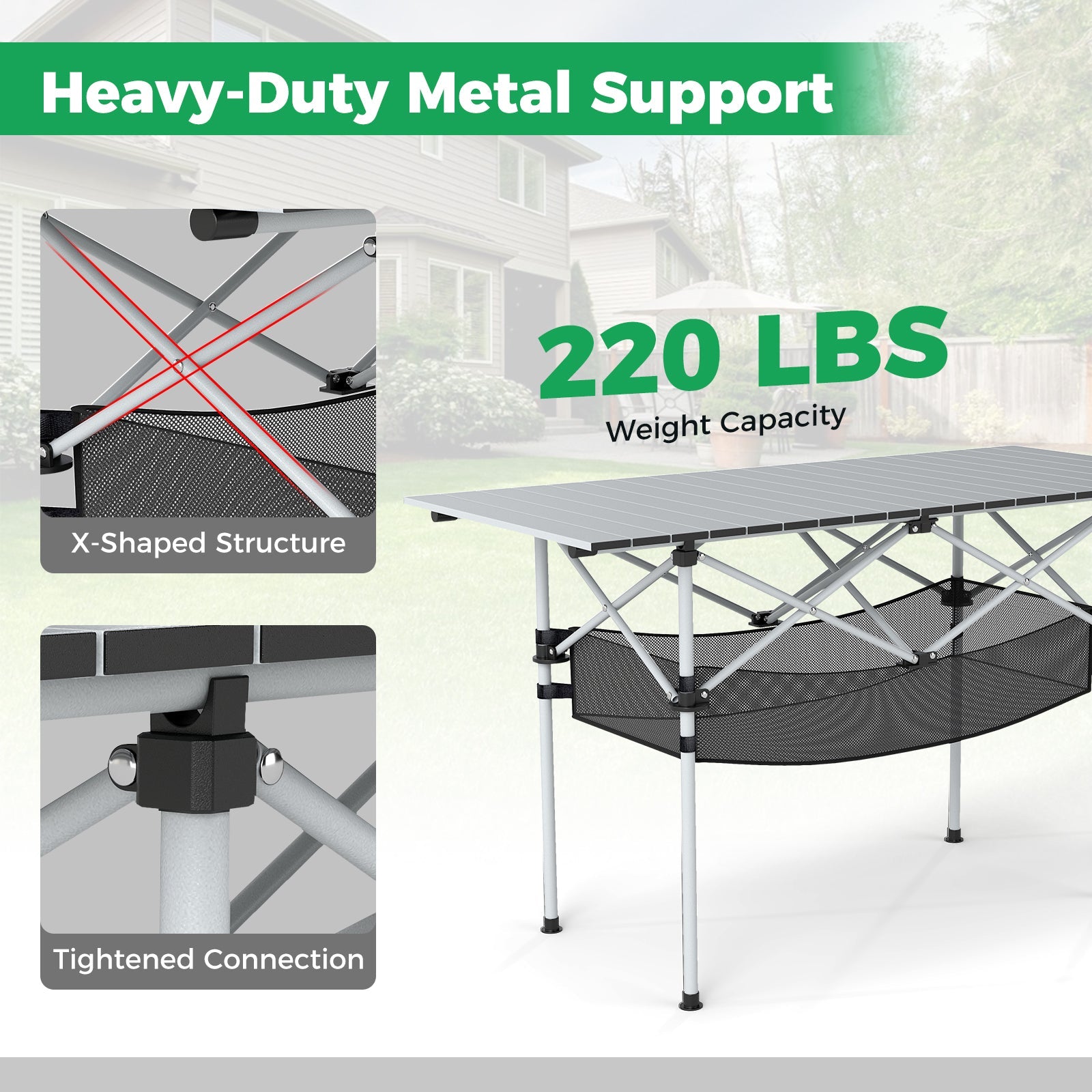 Patio Folding Camping Table with Roll-up Tabletop and Mesh Basket - Energize Trek