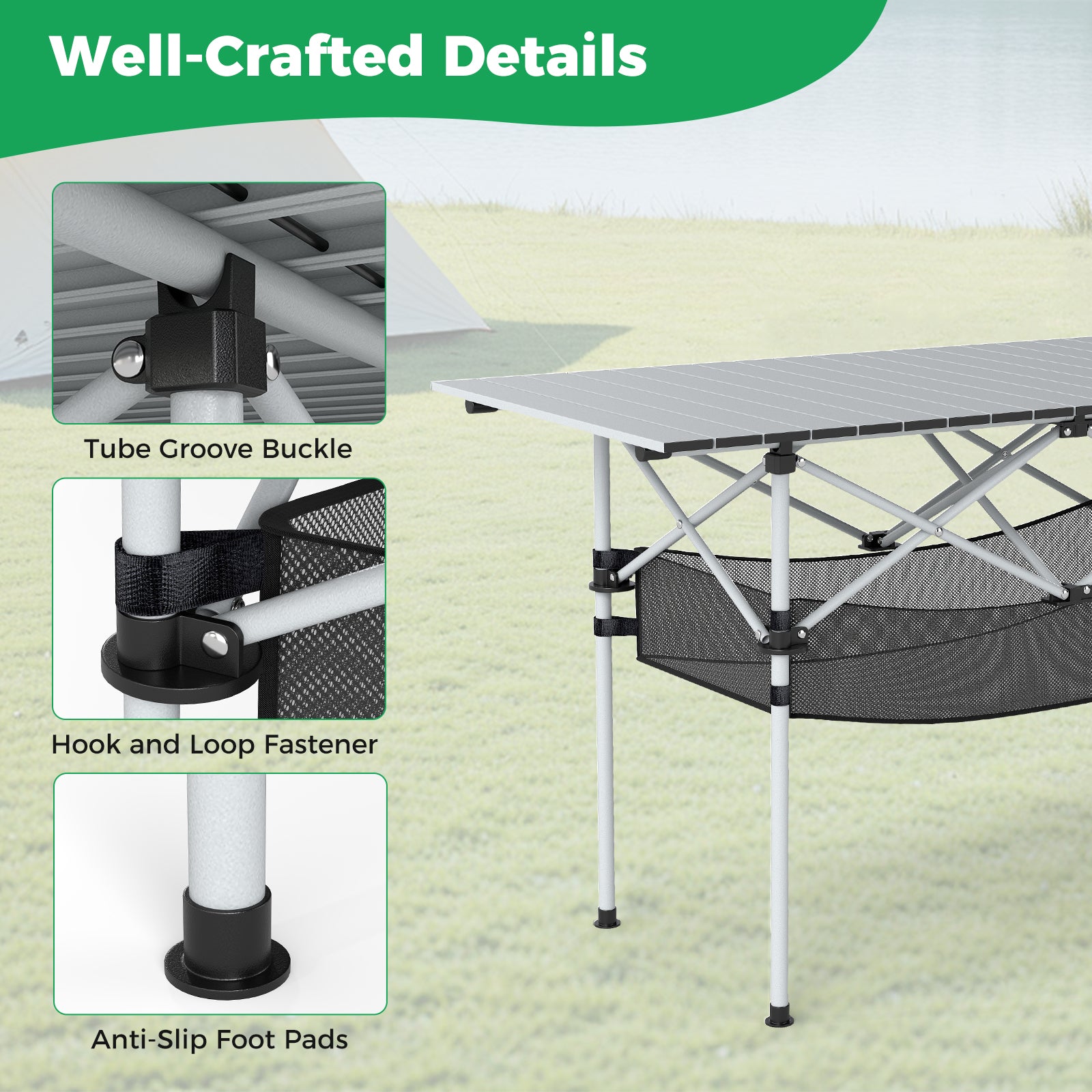 Patio Folding Camping Table with Roll-up Tabletop and Mesh Basket - Energize Trek