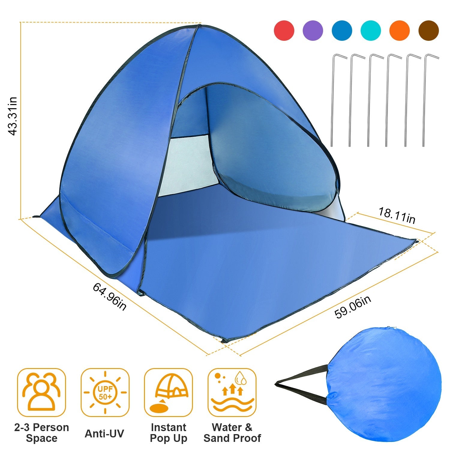 Pop Up Beach Tent Sun Shade Shelter Anti-UV Automatic Waterproof Tent Canopy for 2/3 Man w/ Net Window Storage Bag for Outdoor Beach Camping Fishing P - Energize Trek