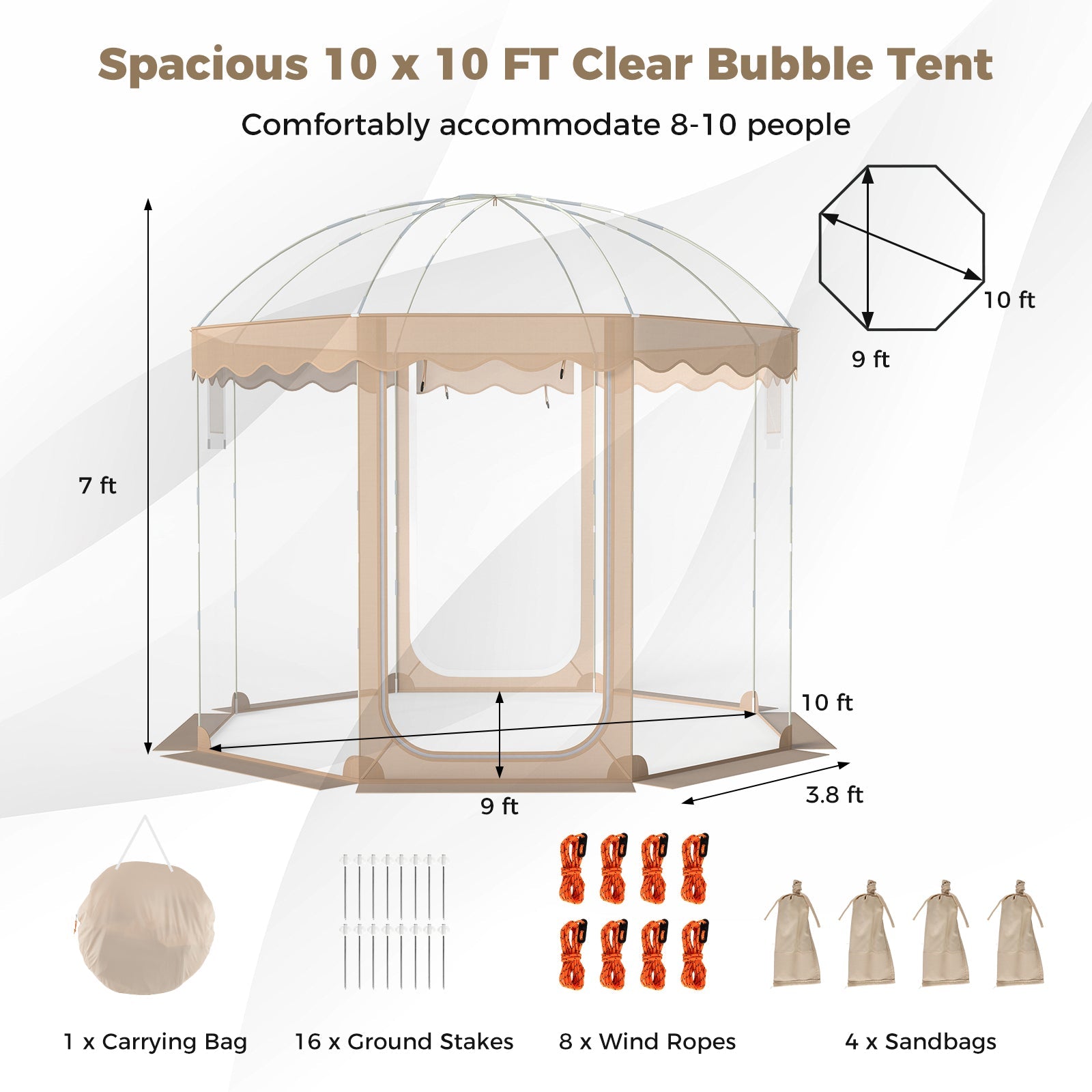 Pop Up Bubble Tent 10x10 FT for 8-10 People Weatherproof Pod with 540° Panoramic Clear PVC - Energize Trek