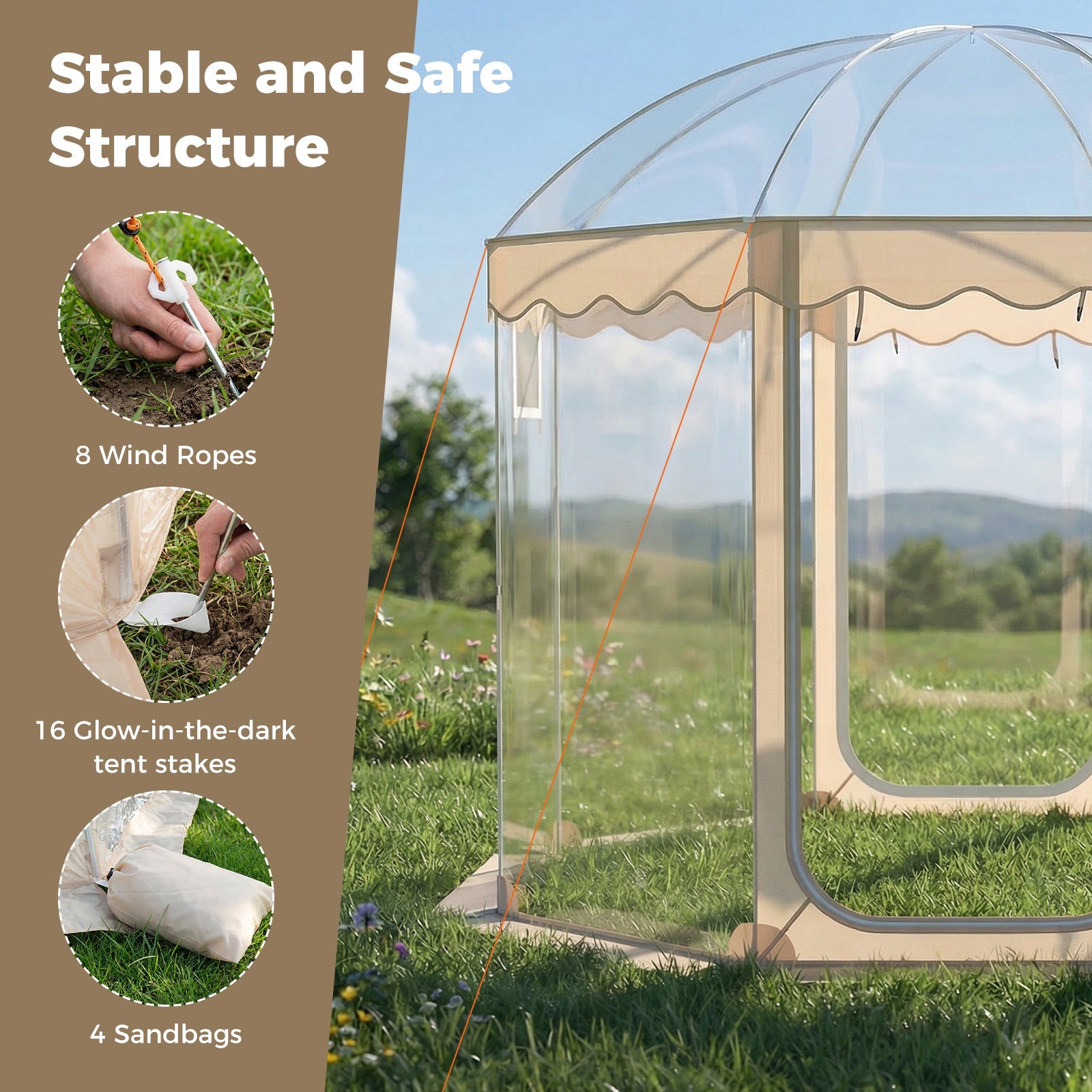 Pop Up Bubble Tent 10x10 FT for 8-10 People Weatherproof Pod with 540° Panoramic Clear PVC - Energize Trek