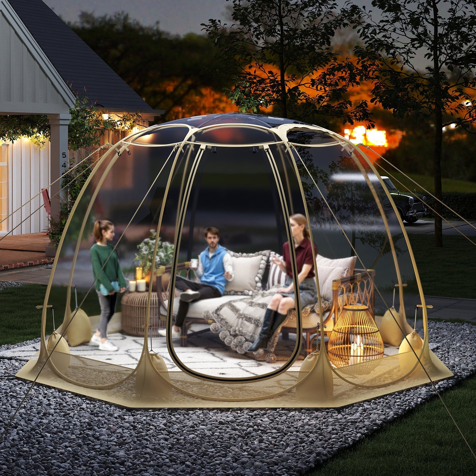 Pop Up Bubble Tent 630° Transparent PVC Igloo 8.5 x 8.5 FT Instant Setup Screen House for 5-6 People-Beige - Energize Trek