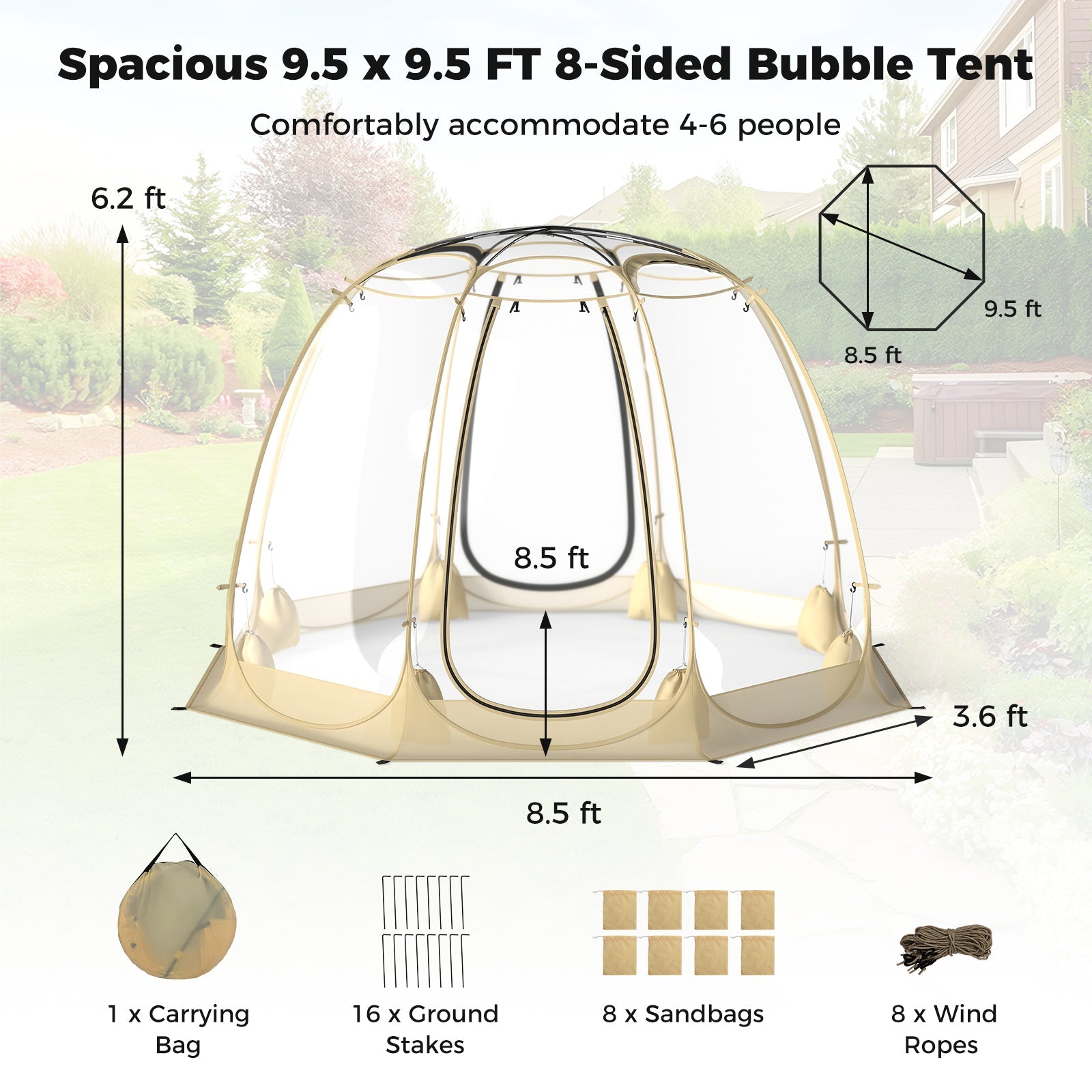 Pop Up Bubble Tent 630° Transparent PVC Igloo 8.5 x 8.5 FT Instant Setup Screen House for 5-6 People-Beige - Energize Trek