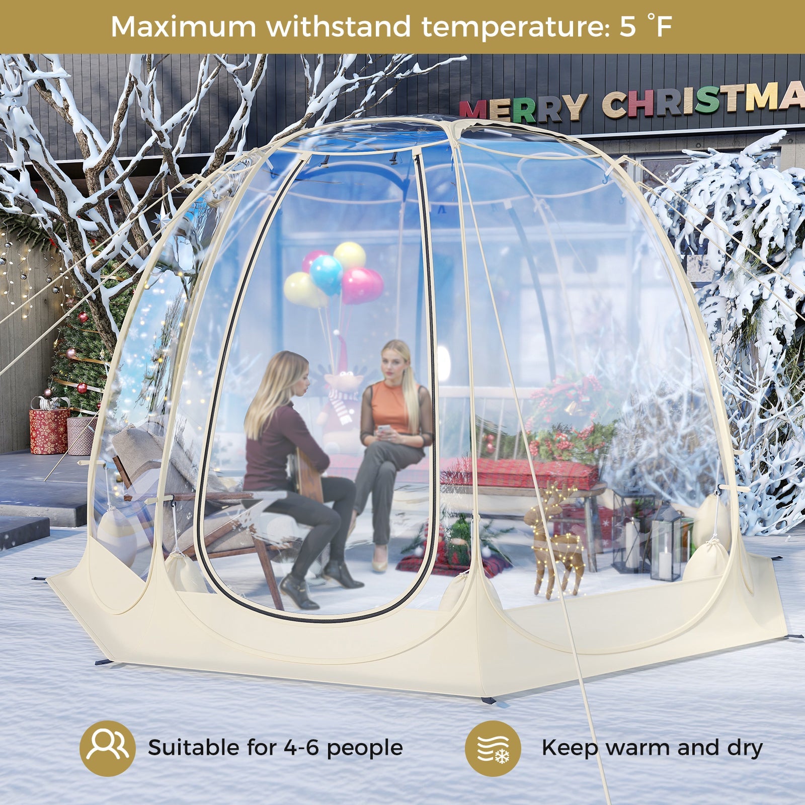 Pop Up Bubble Tent 630° Transparent PVC Igloo 8.5 x 8.5 FT Instant Setup Screen House for 5-6 People-Beige - Energize Trek