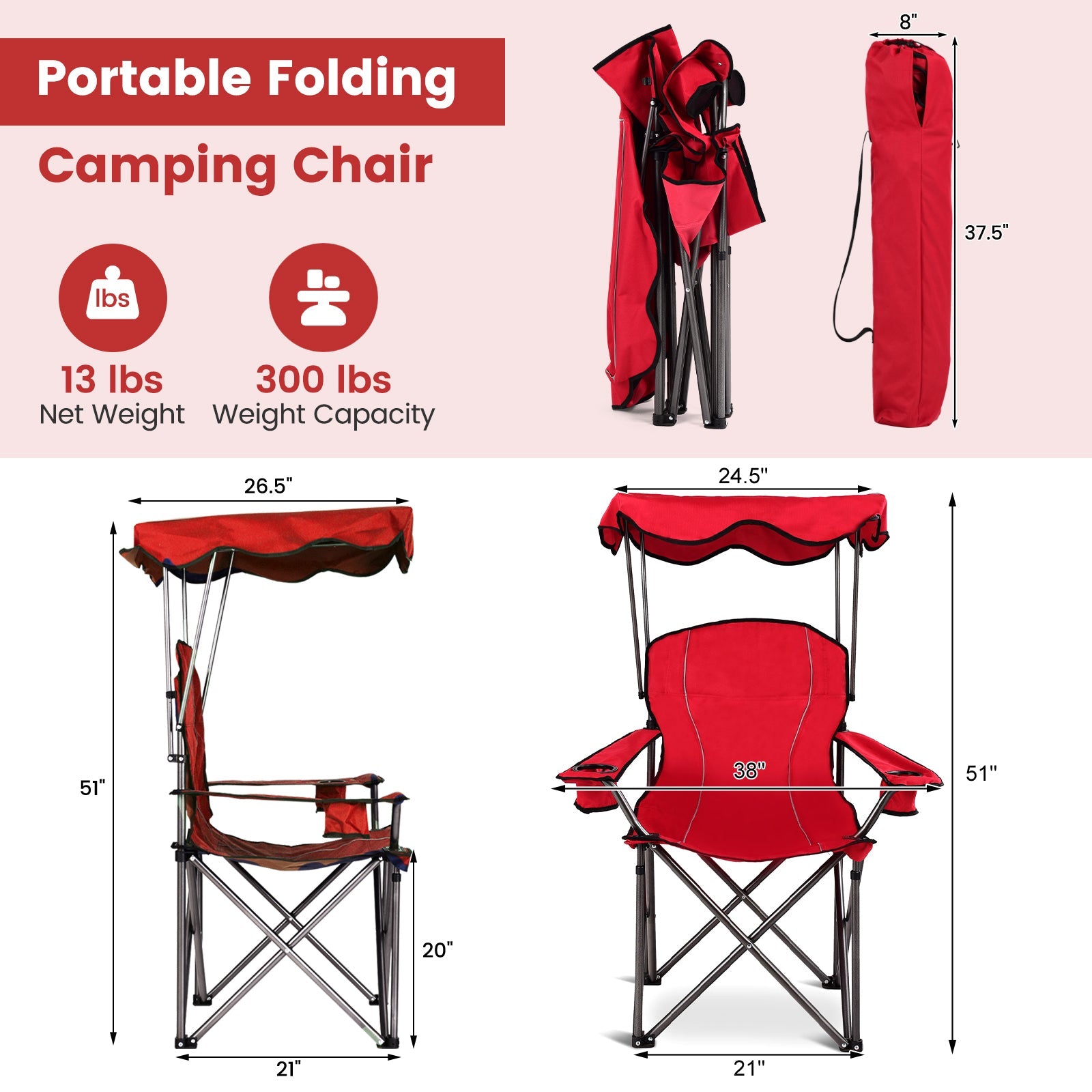 Portable Folding Beach Canopy Chair with Cup Holders - Energize Trek