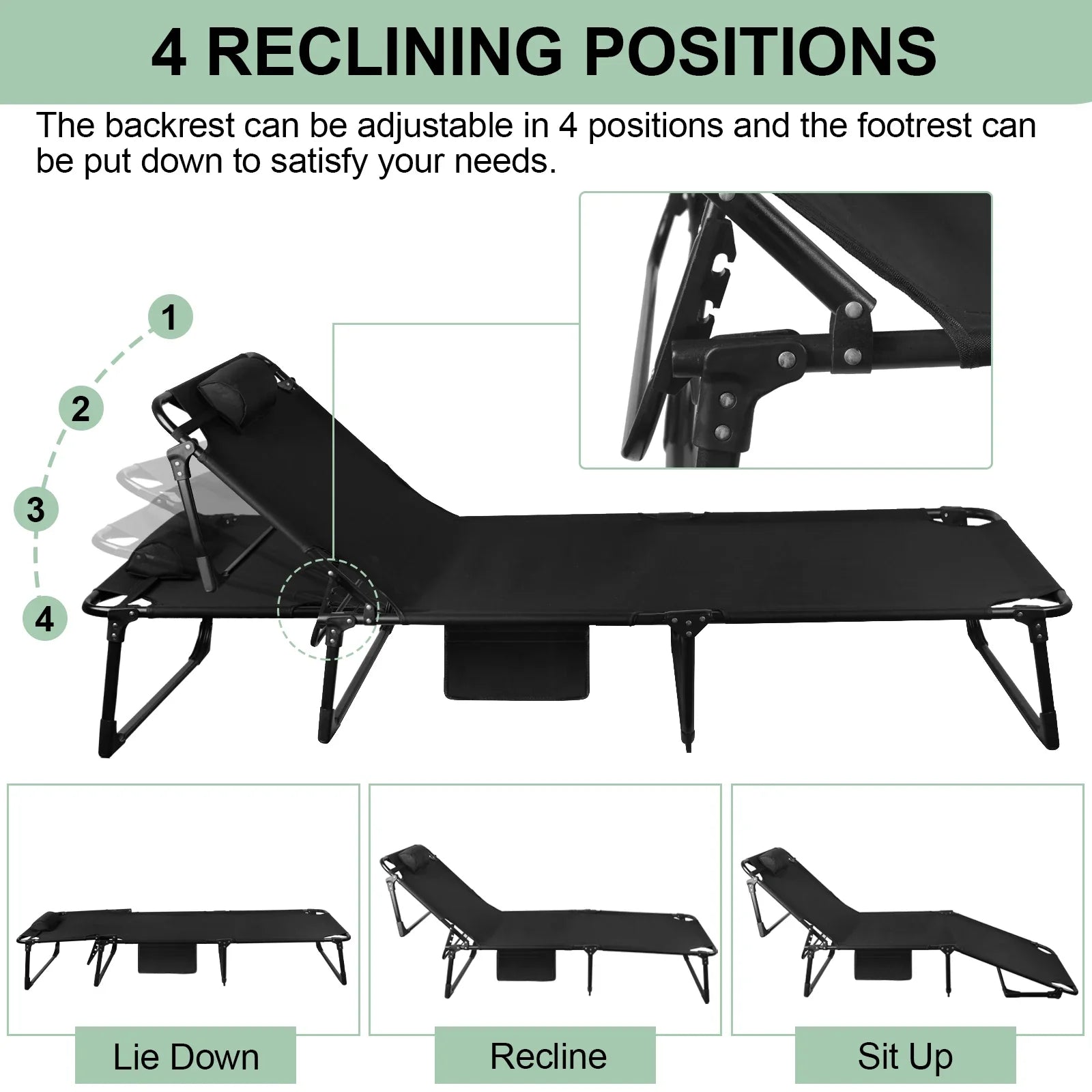 Portable Folding Camping Cot With Pillow And Three-Position Reclining Lounge - Energize Trek