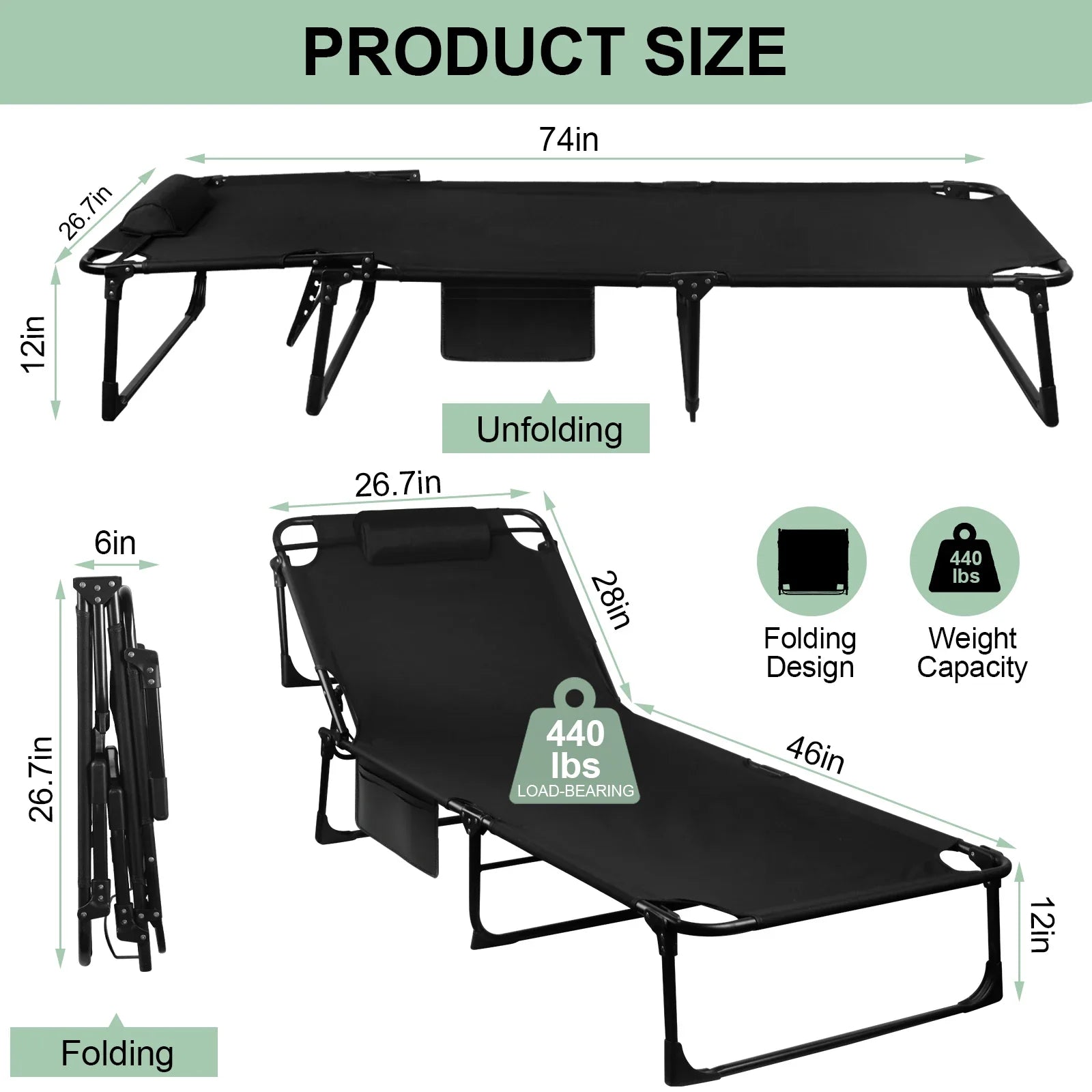Portable Folding Camping Cot With Pillow And Three-Position Reclining Lounge - Energize Trek