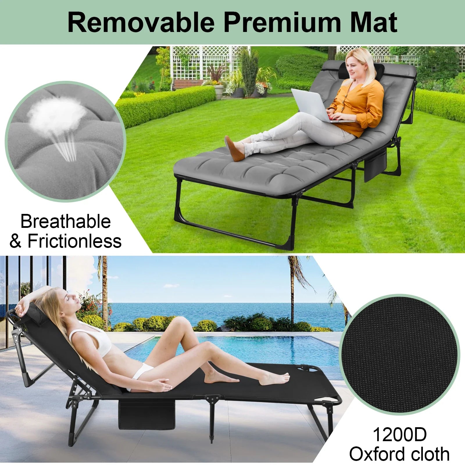 Portable Folding Camping Cot With Pillow And Three-Position Reclining Lounge - Energize Trek