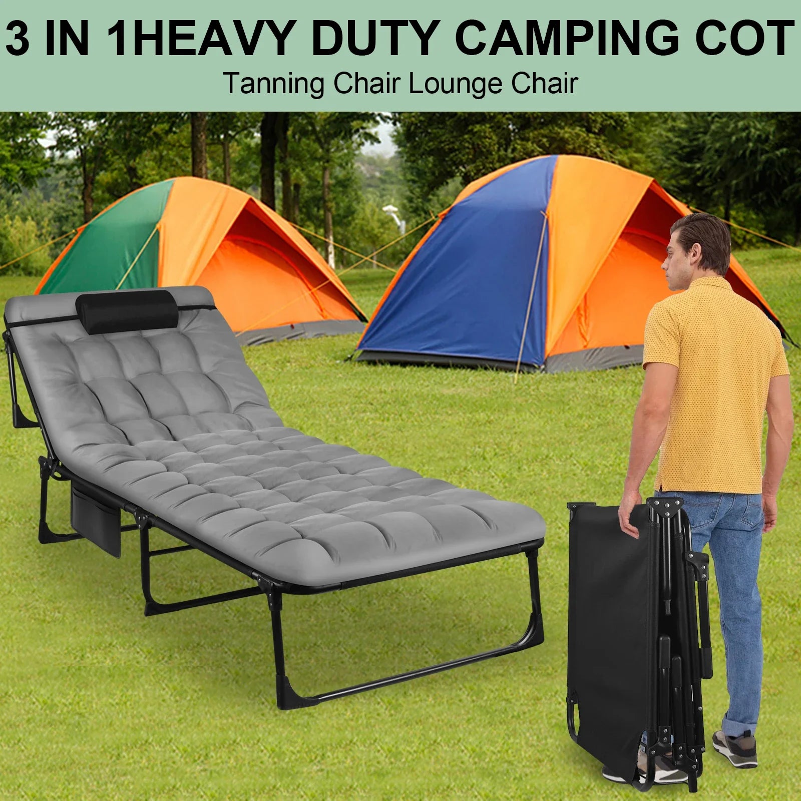 Portable Folding Camping Cot With Pillow And Three-Position Reclining Lounge - Energize Trek