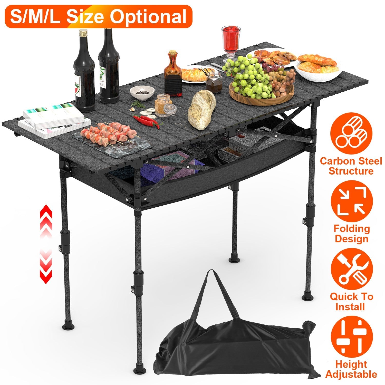 Portable Folding Camping Table With Adjustable Height Hanging Net Rustproof Carbon Steel Foldable Roll-Up Camping Table for Picnic Camping Hiking Beac - Energize Trek