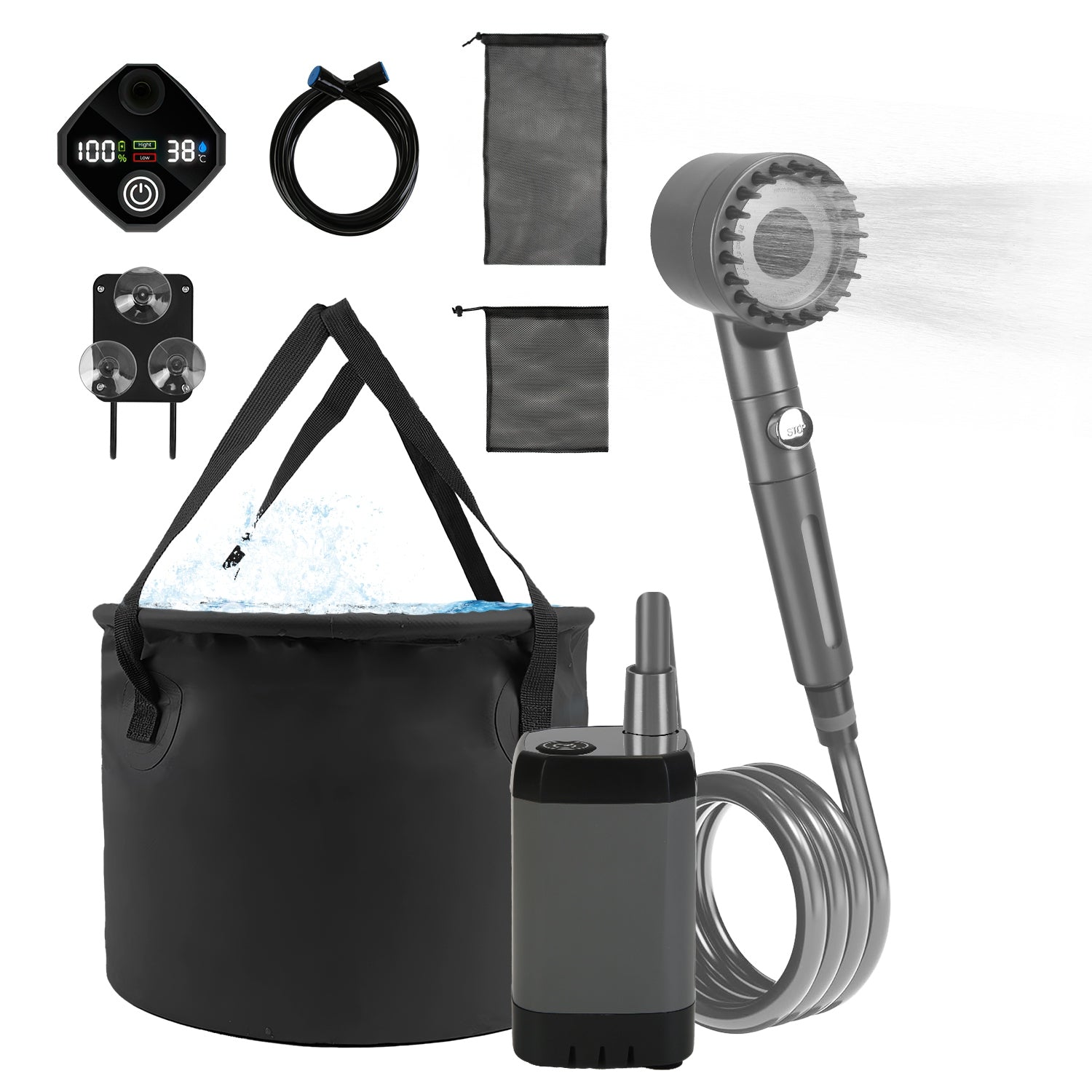 Portable Shower for Camping Include IPX7 Waterproof 6000mAh Rechargeable Shower Pump Filtered Shower Head 5.3Gallon Foldable Bucket For Hiking Beach T - Energize Trek