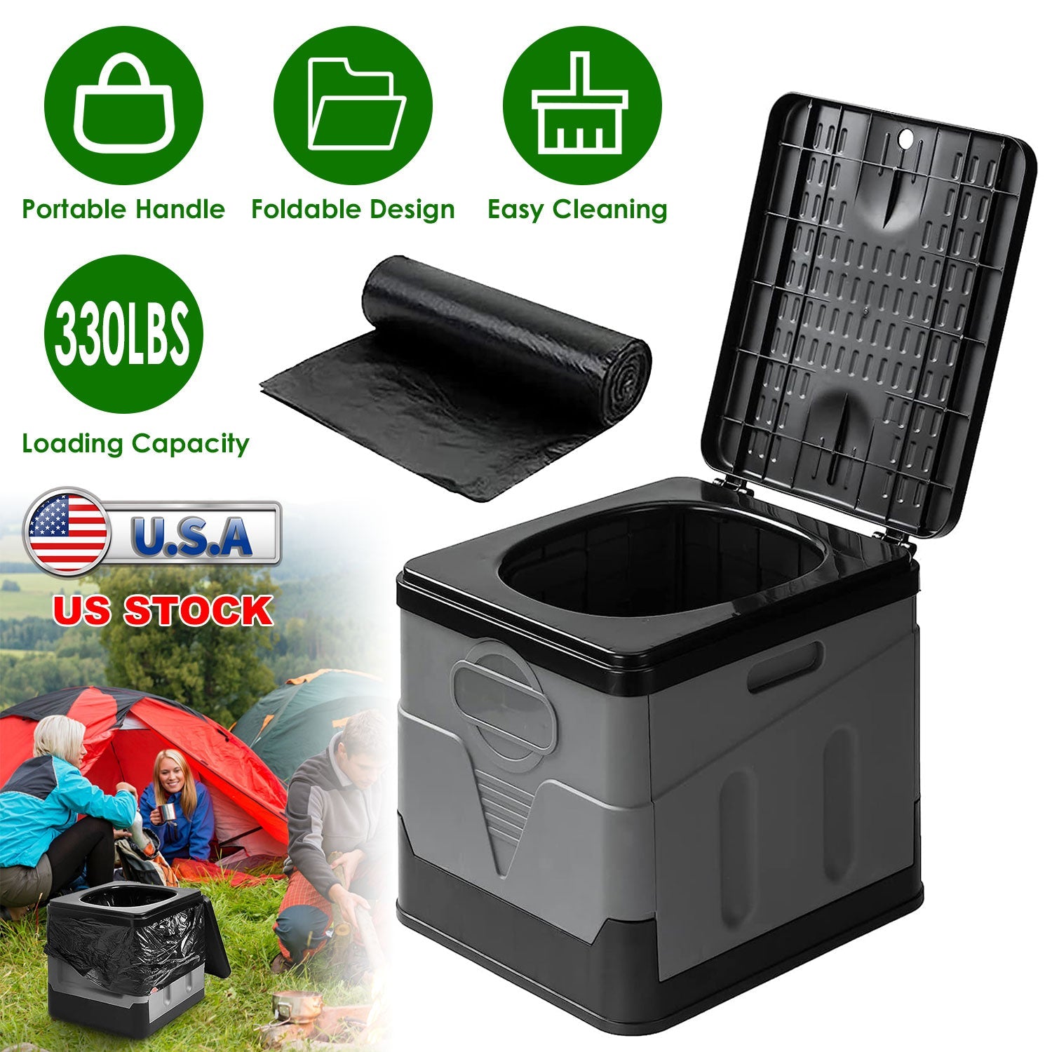 Portable Toilet for Car Camping Boating Hiking Outdoor Travel Potty with Carry Bag Foldable Emergency Toilet with Lid Trash Bags - Energize Trek