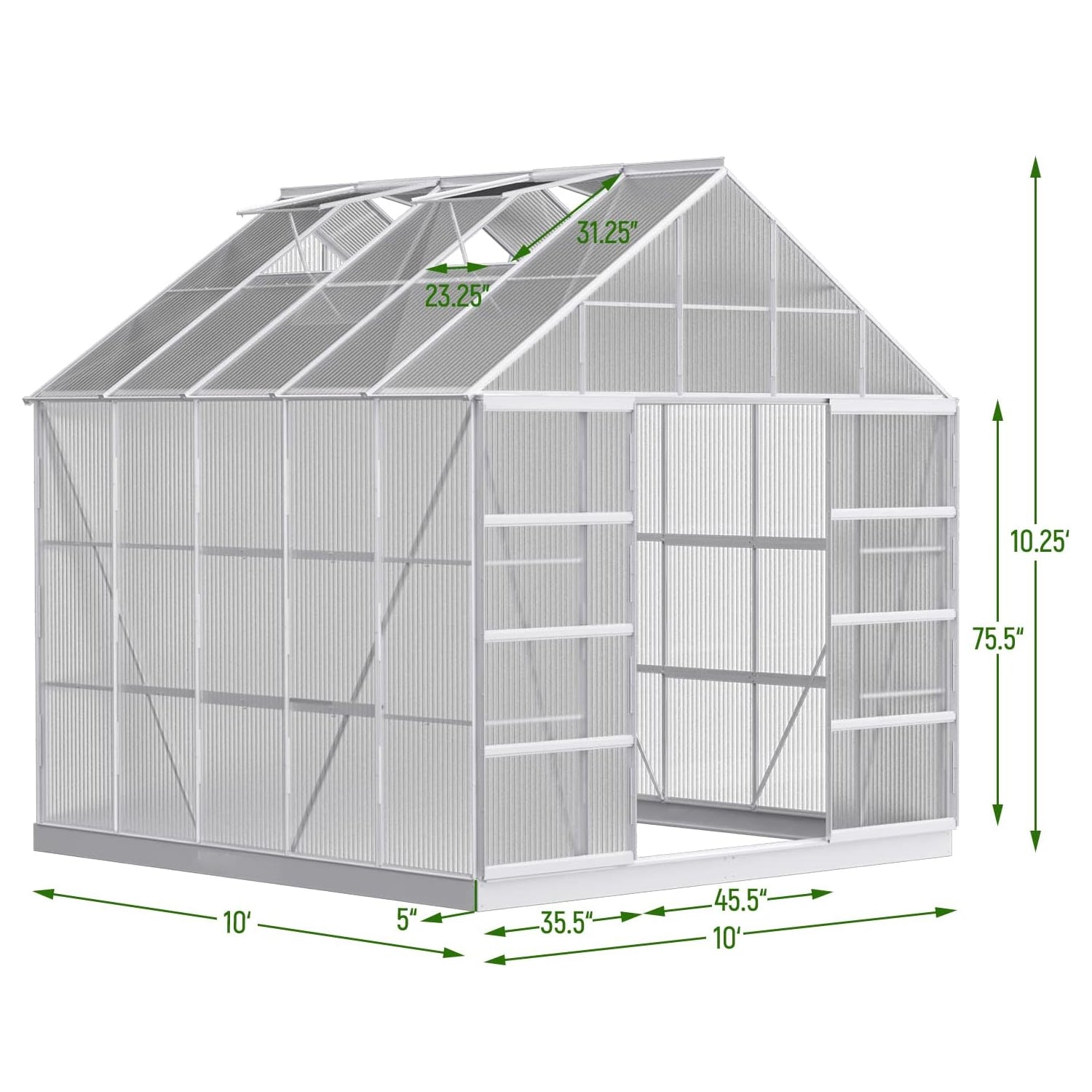 [10x10FT] Premium Outdoor Aluminum Walk-In Greenhouse With Polycarbonate Panels & Sliding Doors (94638275) - Energize Trek