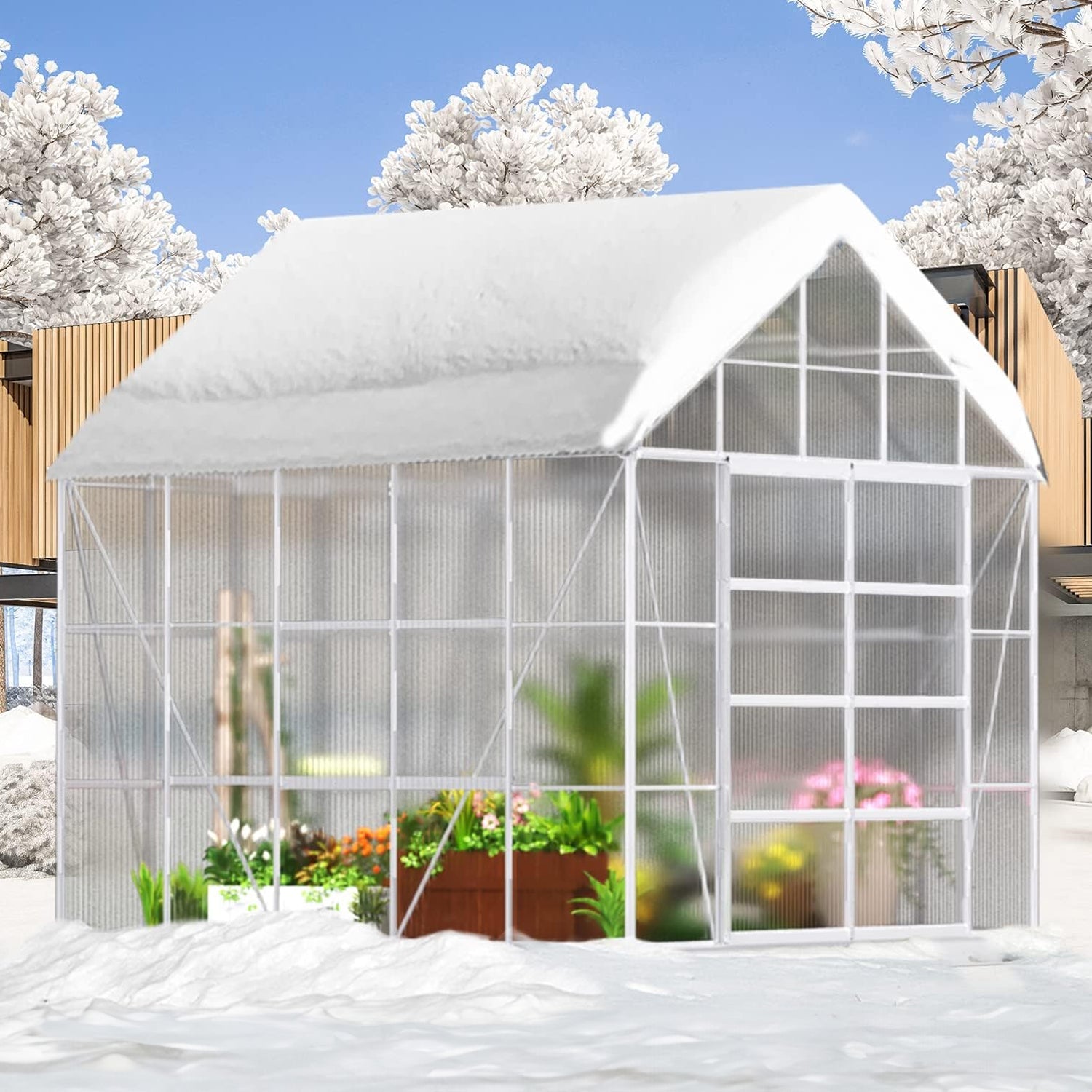 [10x10FT] Premium Outdoor Aluminum Walk-In Greenhouse With Polycarbonate Panels & Sliding Doors (94638275) - Energize Trek