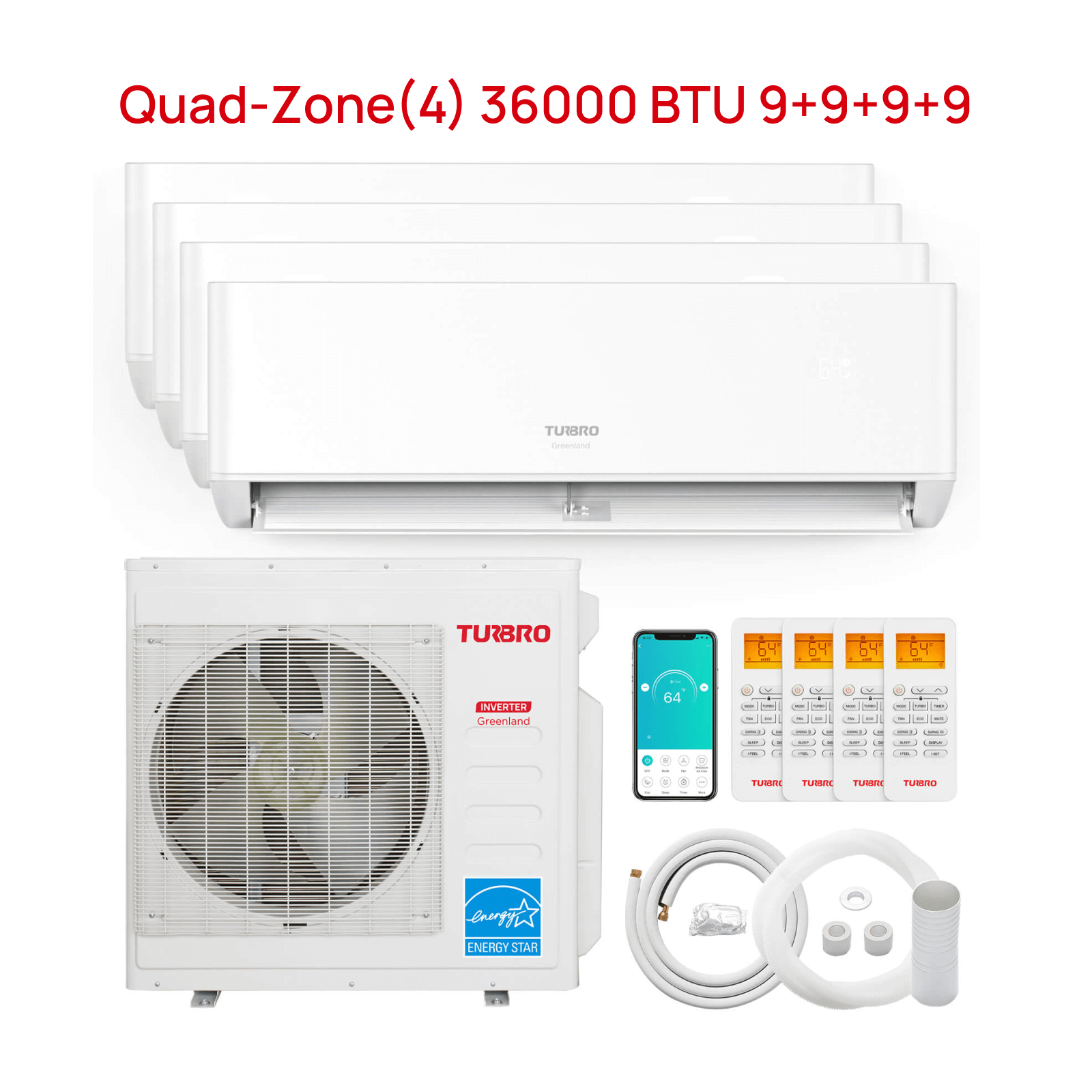 Greenland 36,000 BTU Quad-Zone(4) Mini Split Air Conditioner with Heat Pump (R454B Refrigerant) - Energize Trek