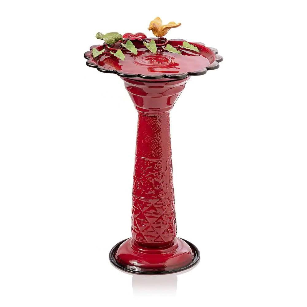 Red Metal Outdoor Garden Patio Birdbath with Decorative Bird Leaf Figurines - Energize Trek
