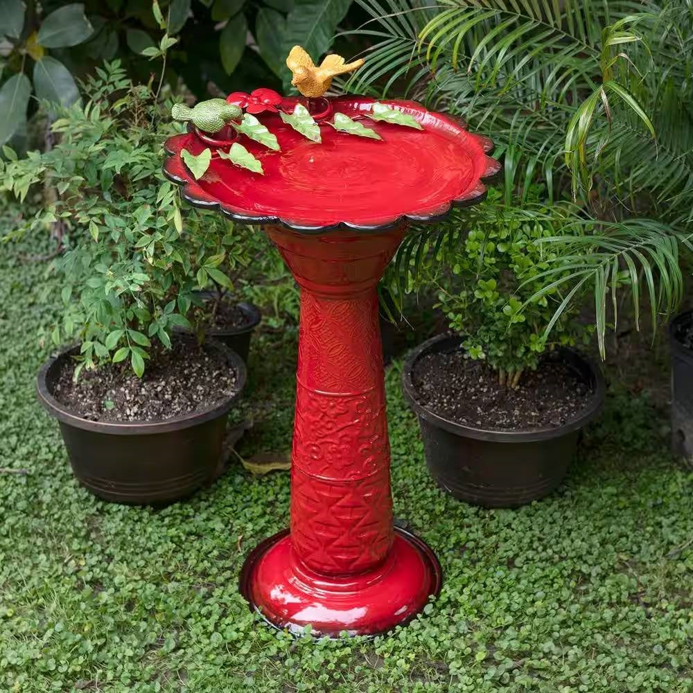 Red Metal Outdoor Garden Patio Birdbath with Decorative Bird Leaf Figurines - Energize Trek