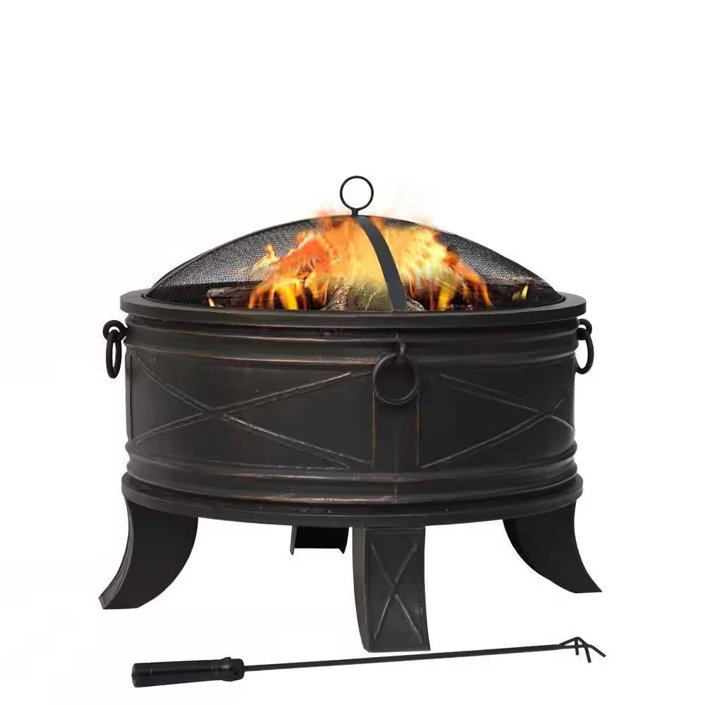 26-inch Round Steel Outdoor Fire Pit with Cover and Poker in Bronze - Energize Trek