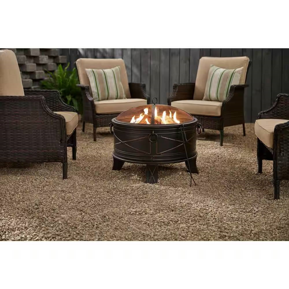 26-inch Round Steel Outdoor Fire Pit with Cover and Poker in Bronze - Energize Trek