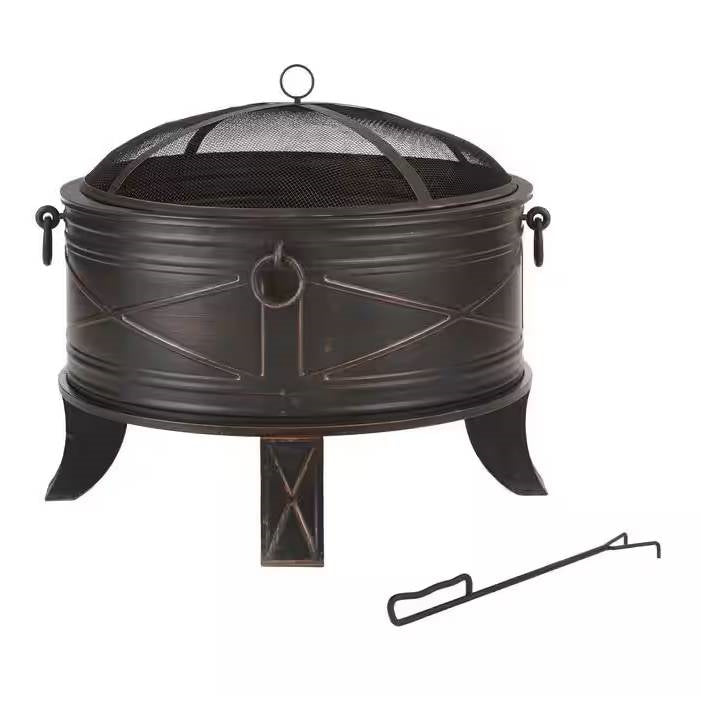 26-inch Round Steel Outdoor Fire Pit with Cover and Poker in Bronze - Energize Trek