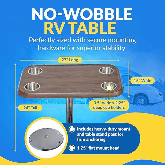 RV Side Tables | RV End Tables - Table Set - 6" Flush Mount Floor Plate / Anti Wobble, Cocktail Design (6 colors) - Energize Trek