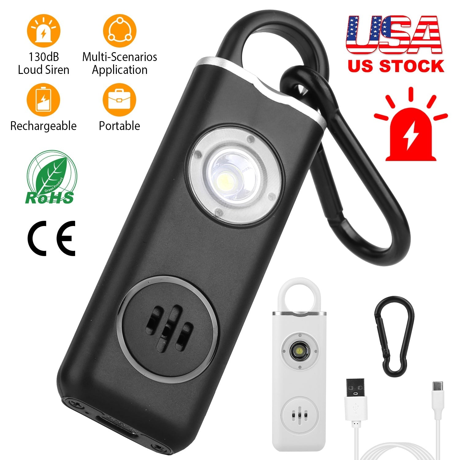 Rechargeable Personal Safety Alarm Portable 130dB Self-defense Siren with Strobe Light LED Light Carabiner Emergency Escape Tool for Women Kids Elderl - Energize Trek