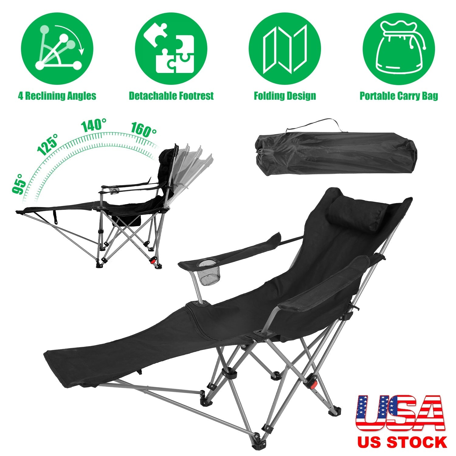 Reclining Camping Chair with Footrest 4-Position Adjustable Outdoor Folding Chair Heavy Duty Portable Camping Lounge Chair with Headrest Cup Holder & - Energize Trek