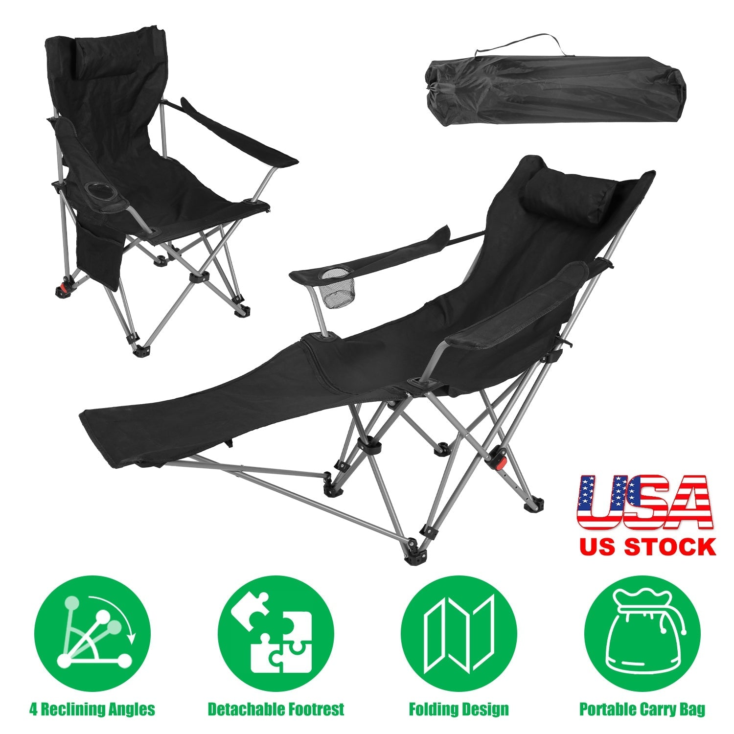 Reclining Camping Chair with Footrest 4-Position Adjustable Outdoor Folding Chair Heavy Duty Portable Camping Lounge Chair with Headrest Cup Holder & - Energize Trek