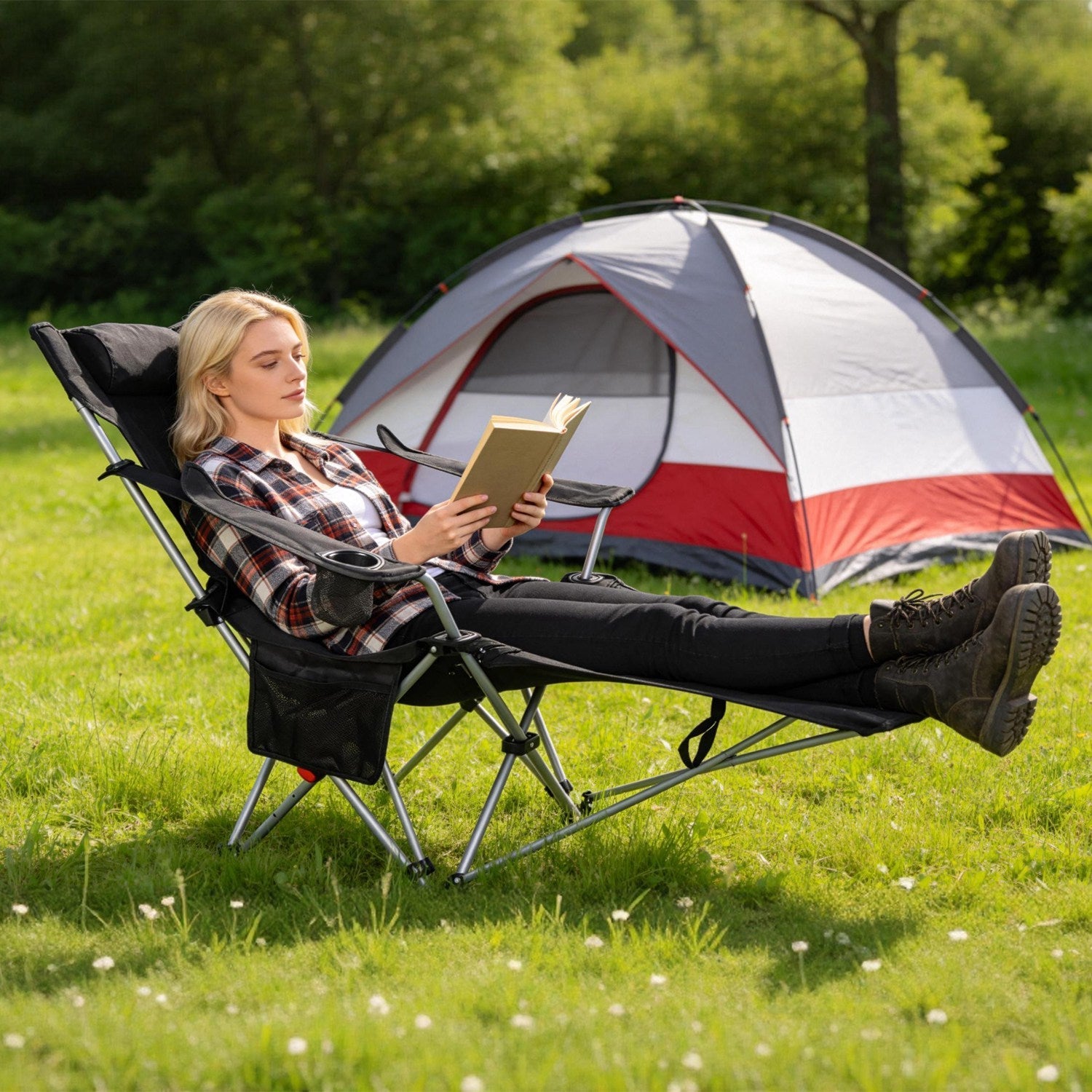 Reclining Camping Chair with Footrest 4-Position Adjustable Outdoor Folding Chair Heavy Duty Portable Camping Lounge Chair with Headrest Cup Holder & - Energize Trek