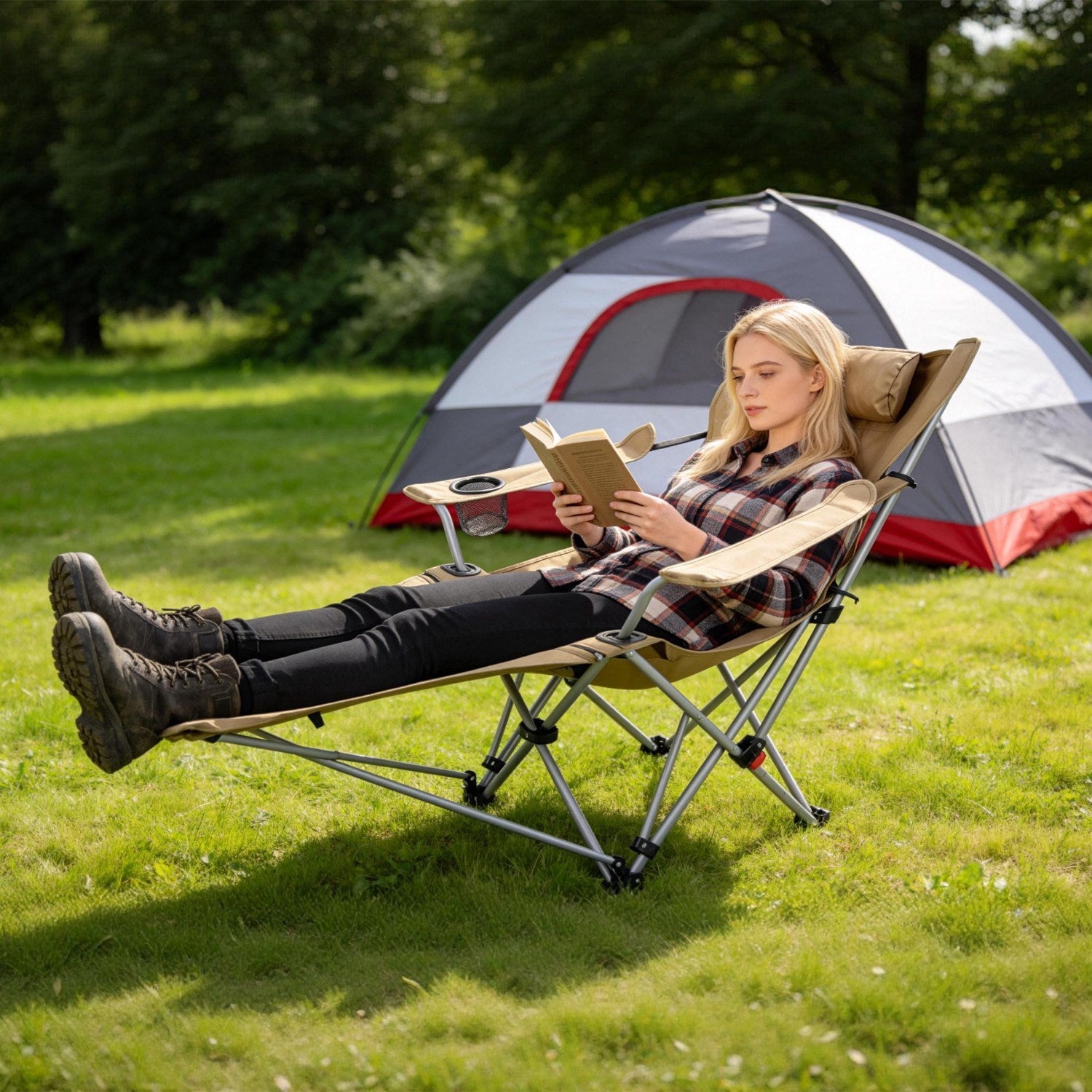 Reclining Camping Chair with Footrest 4-Position Adjustable Outdoor Folding Chair Heavy Duty Portable Camping Lounge Chair with Headrest Cup Holder & - Energize Trek