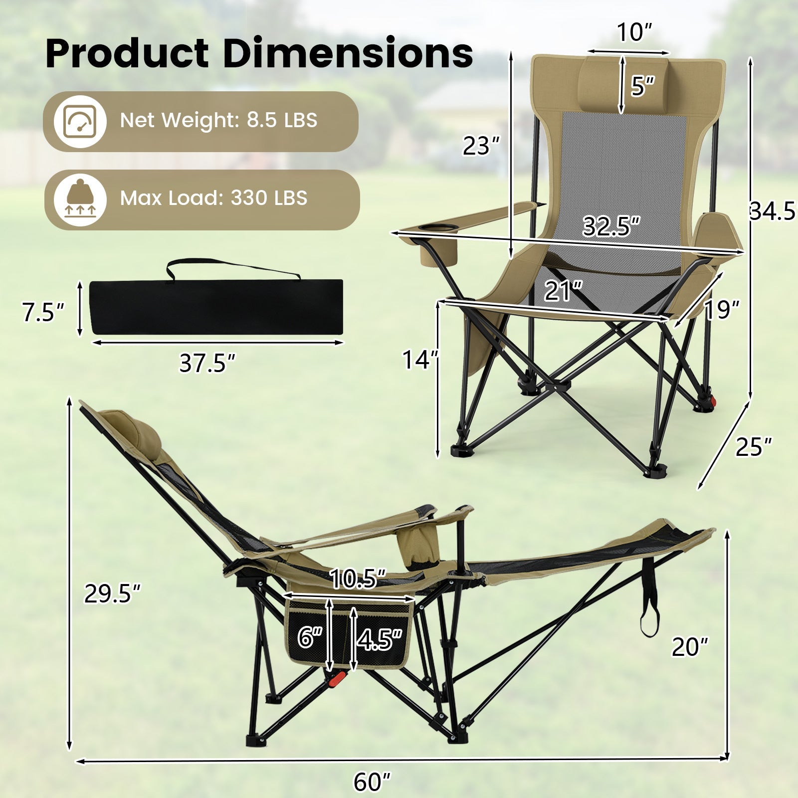 Reclining Camping Chair with Removable Footrest and Adjustable Backrest - Energize Trek