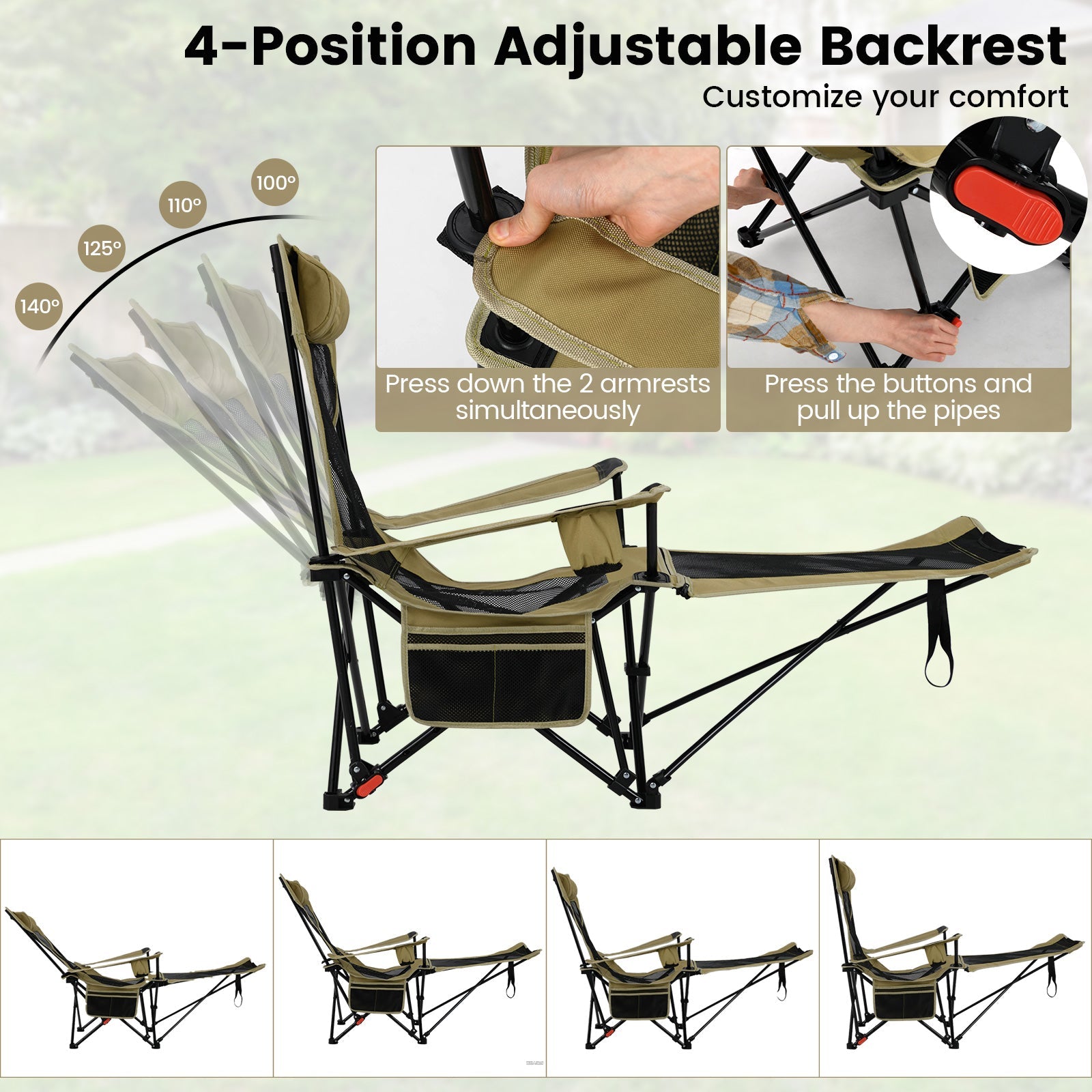 Reclining Camping Chair with Removable Footrest and Adjustable Backrest - Energize Trek