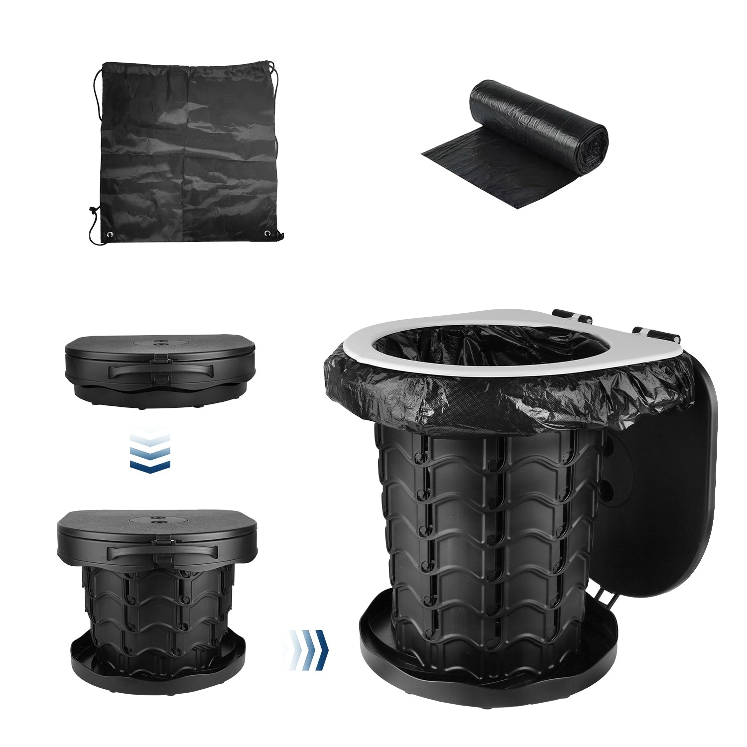 Retractable Portable Toilet Collapsible Portable Potty for Adults Emergency Toilet Kit with Adjustable Height Lid 20 Garage Bags Carry Bag for Camping - Energize Trek