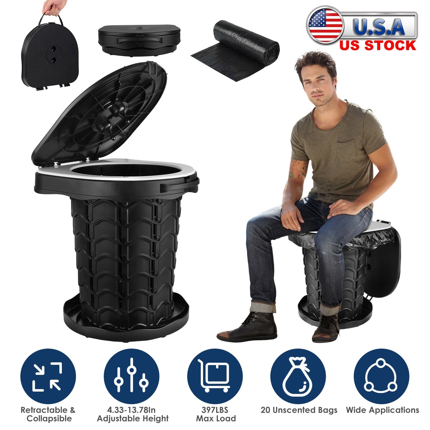 Retractable Portable Toilet Collapsible Portable Potty for Adults Emergency Toilet Kit with Adjustable Height Lid 20 Garage Bags Carry Bag for Camping - Energize Trek