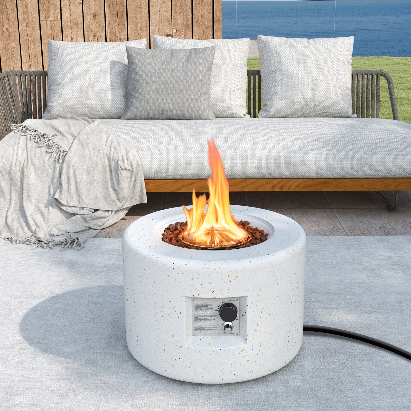 Round Terrazzo Propane Gas Fire Pit with Hideaway Tank Holder and Lava Rocks - Energize Trek
