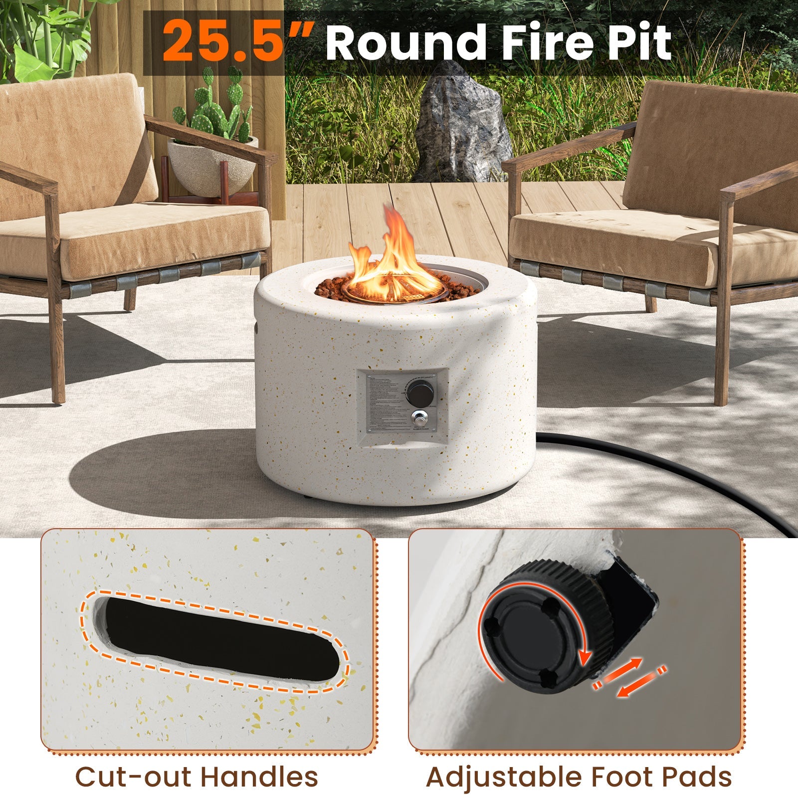 Round Terrazzo Propane Gas Fire Pit with Hideaway Tank Holder and Lava Rocks - Energize Trek