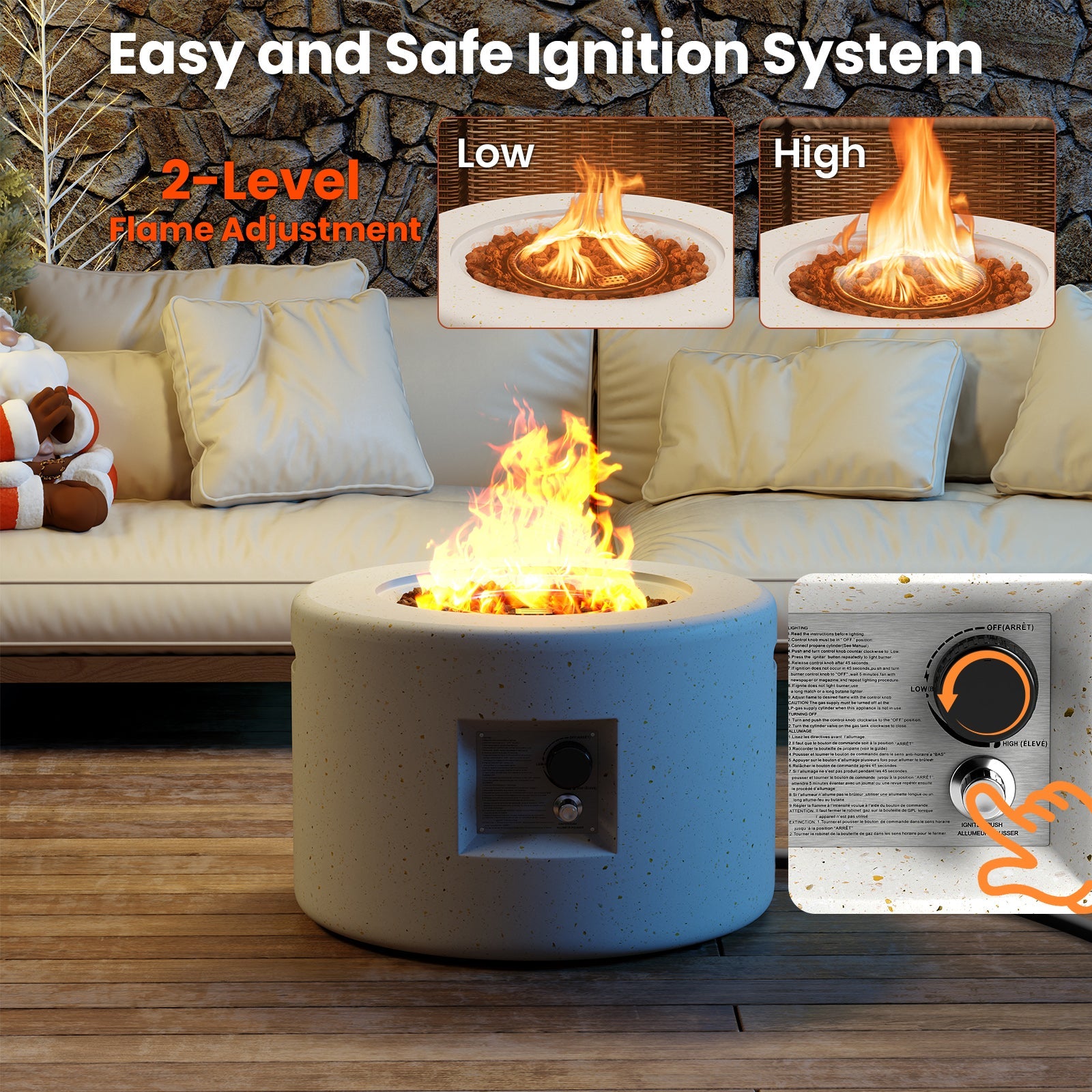 Round Terrazzo Propane Gas Fire Pit with Hideaway Tank Holder and Lava Rocks - Energize Trek