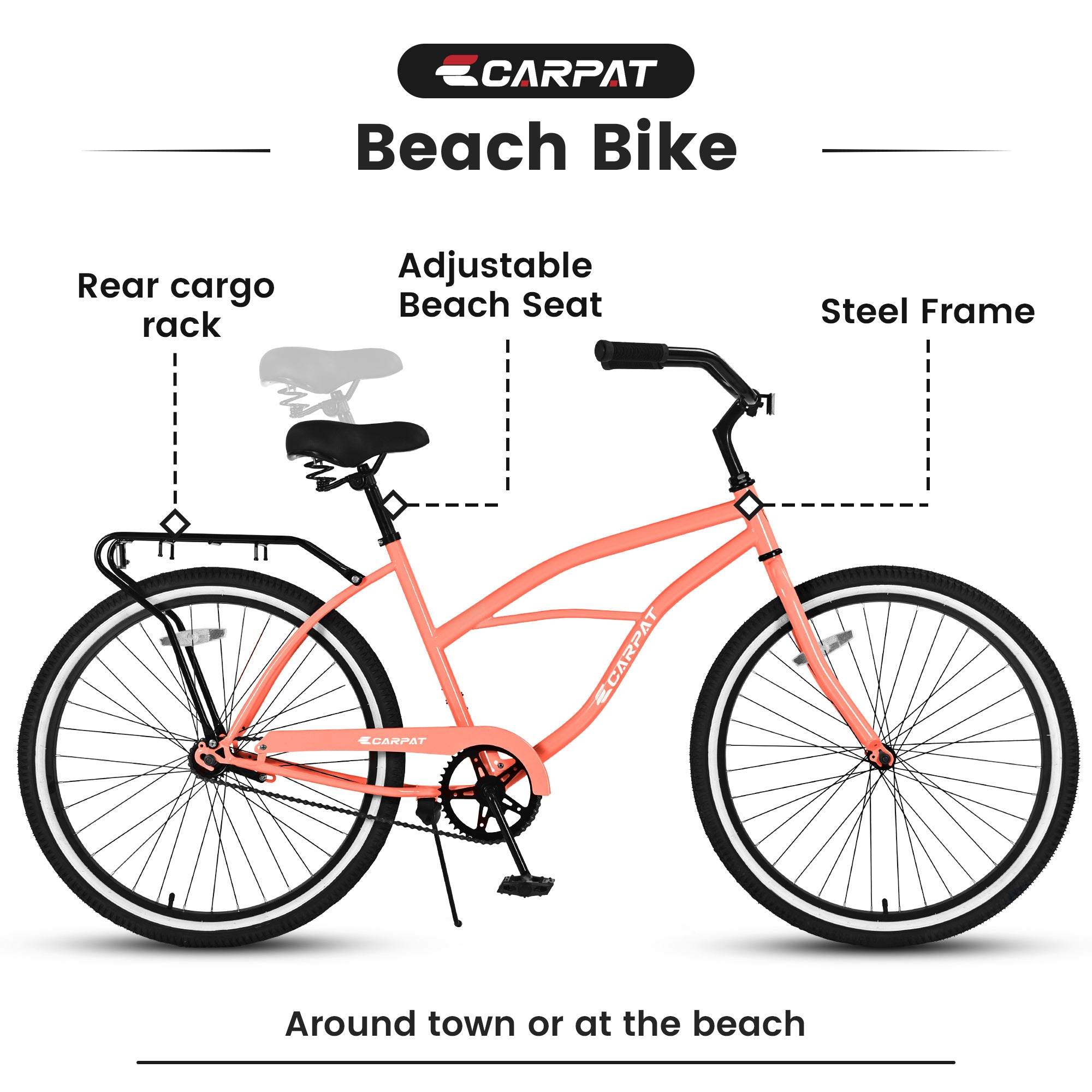 S26204 26 Inch Beach Cruiser Bike For Men And Women, Steel Frame, Single Speed Drivetrain, Upright Comfortable Rides, Multiple Colors - Energize Trek