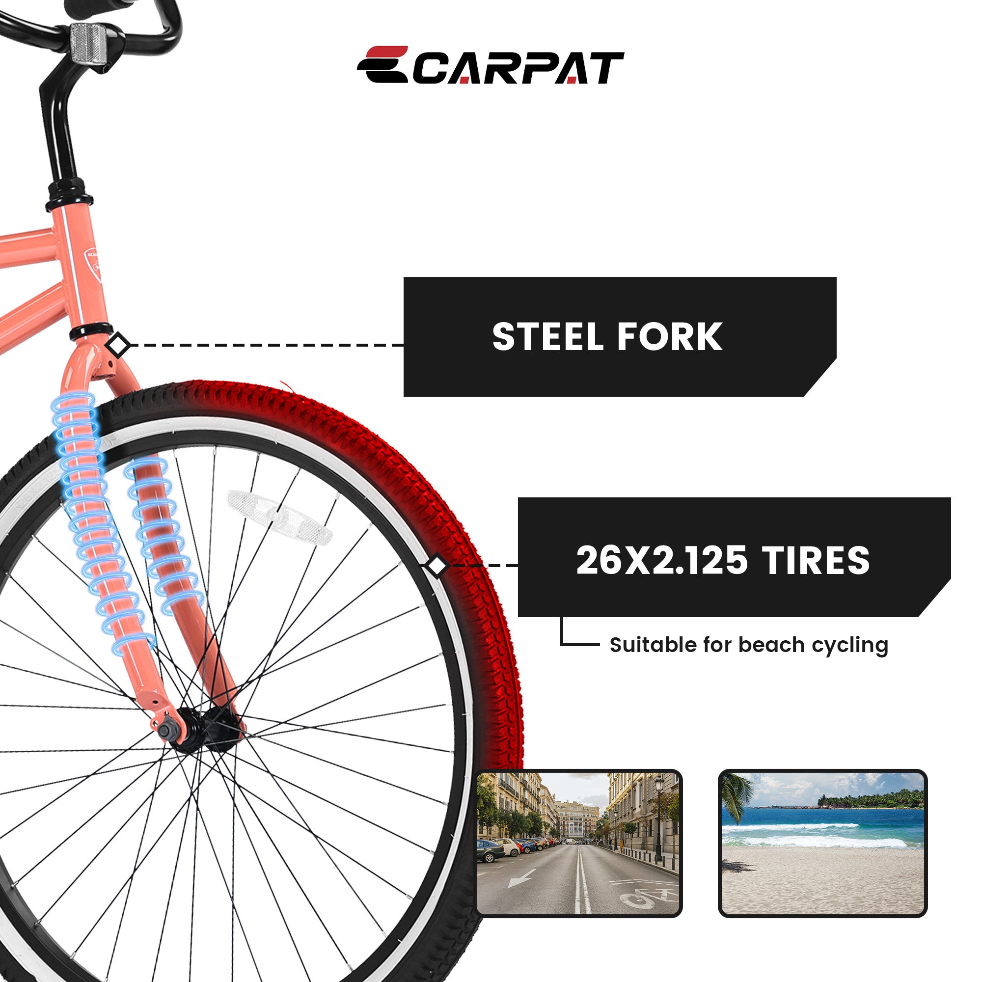 S26204 26 Inch Beach Cruiser Bike For Men And Women, Steel Frame, Single Speed Drivetrain, Upright Comfortable Rides, Multiple Colors - Energize Trek
