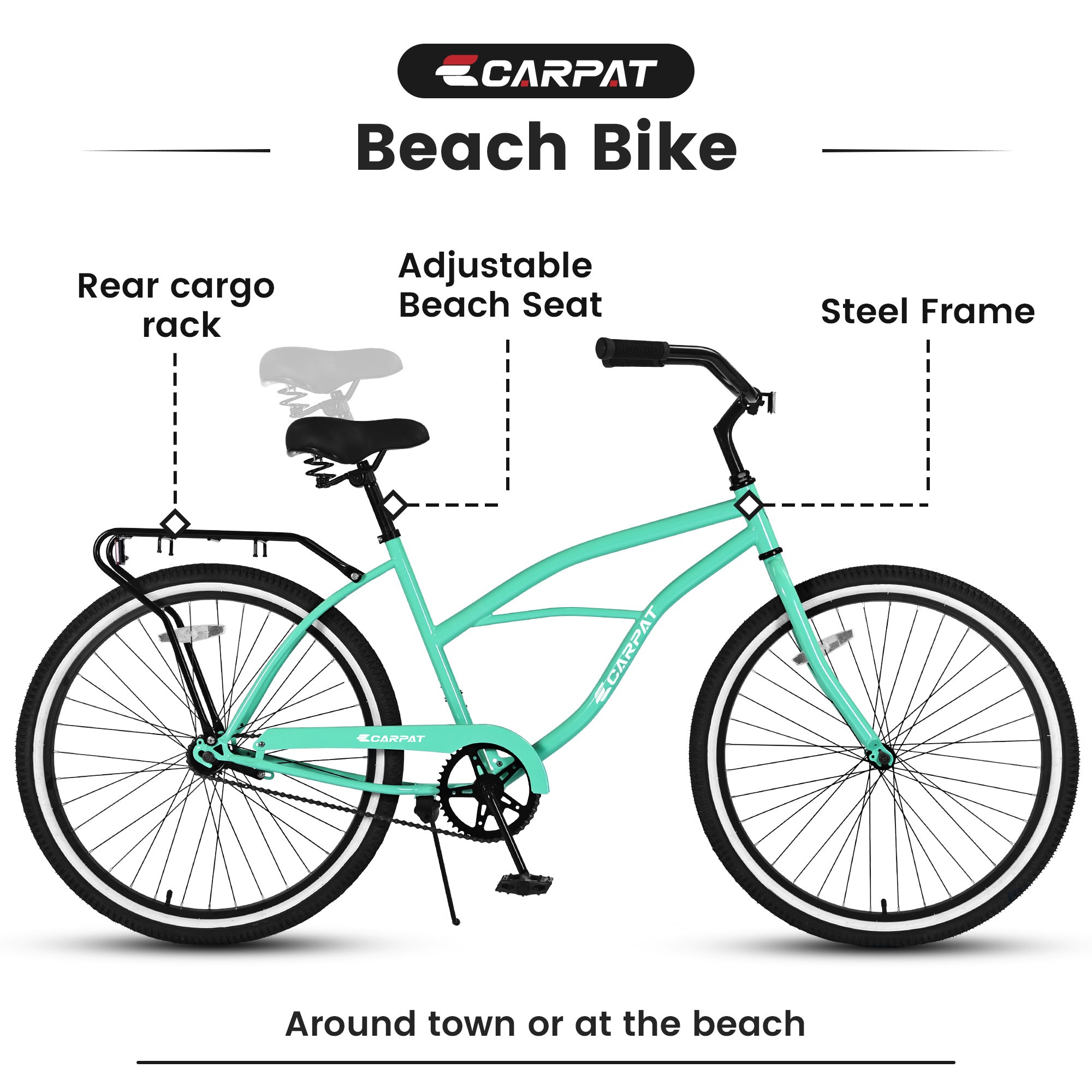 S26204 26 Inch Beach Cruiser Bike For Men And Women, Steel Frame, Single Speed Drivetrain, Upright Comfortable Rides, Multiple Colors - Energize Trek