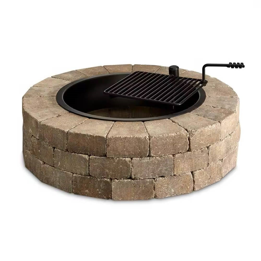 48-in Outdoor Round Concrete Block Stone Fire Pit Kit with Cooking Grill Grate - Energize Trek