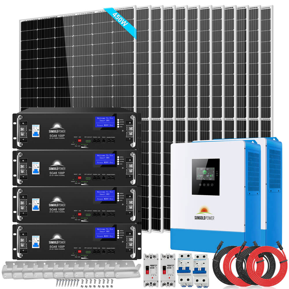 Off Grid Solar Kit 10000W 48VDC 120V/240V LifePO4 20.48KWH Lithium Battery 12 X 450 Watts Solar Panels SGR-10K2M - Energize Trek