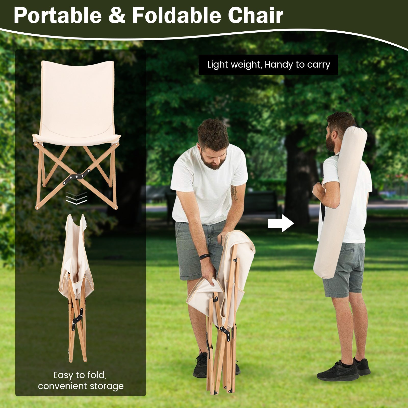 Set of 2 Bamboo Dorm Chair with Storage Pocket for Camping and Fishing - Energize Trek