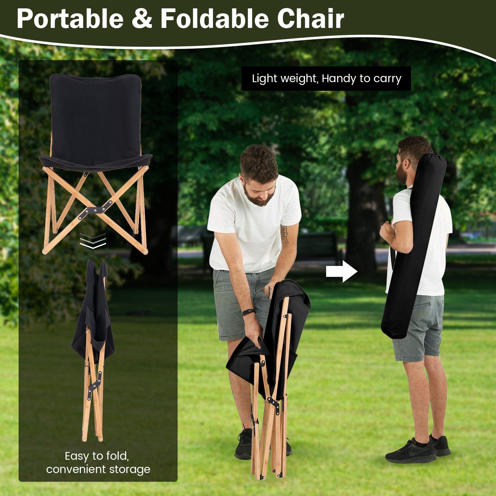 Set of 2 Bamboo Dorm Chair with Storage Pocket for Camping and Fishing - Energize Trek