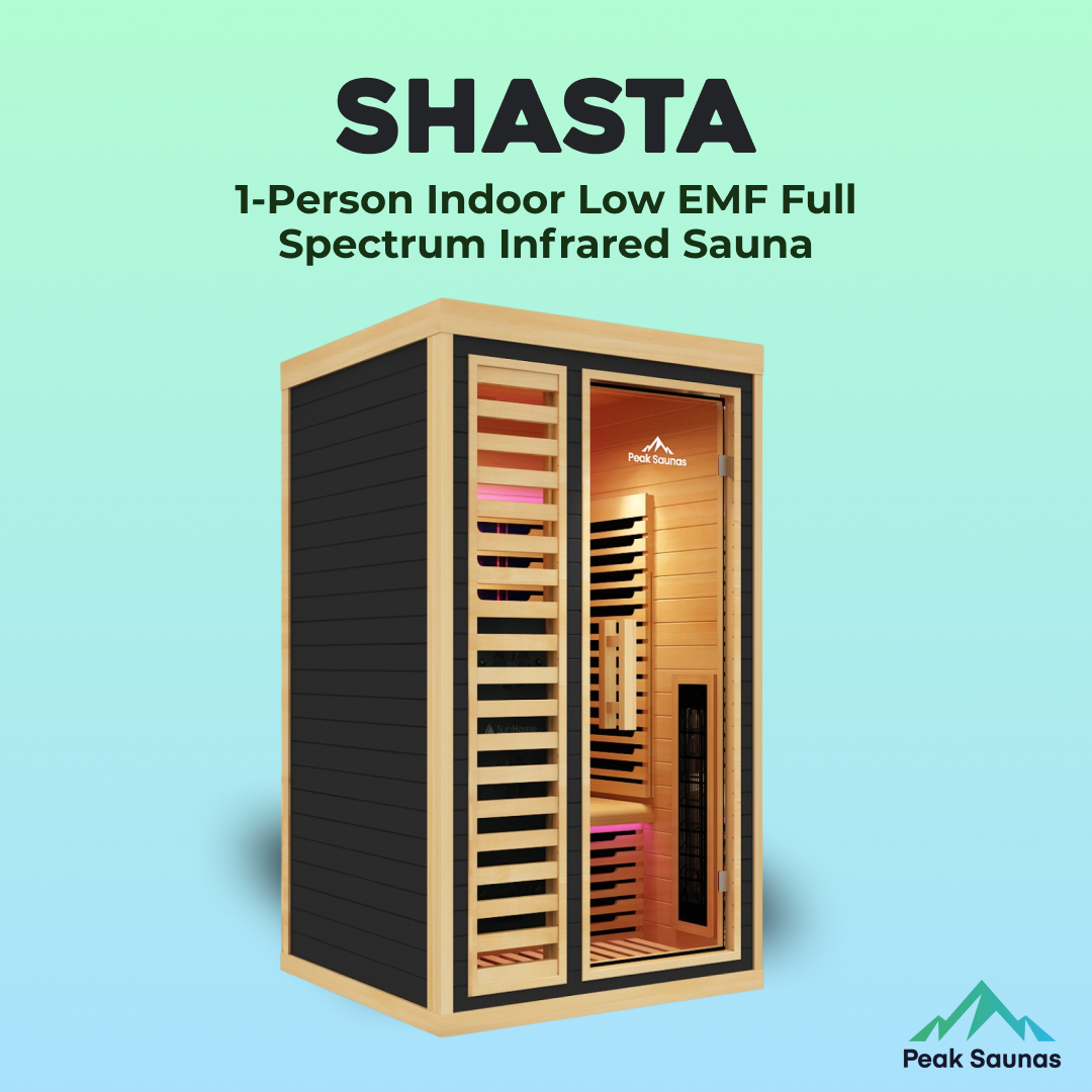 Peak Saunas Shasta 1-Person Full Spectrum Infrared Sauna with XL Medical-Grade Red Light Therapy & Smart WiFi App Control - Energize Trek