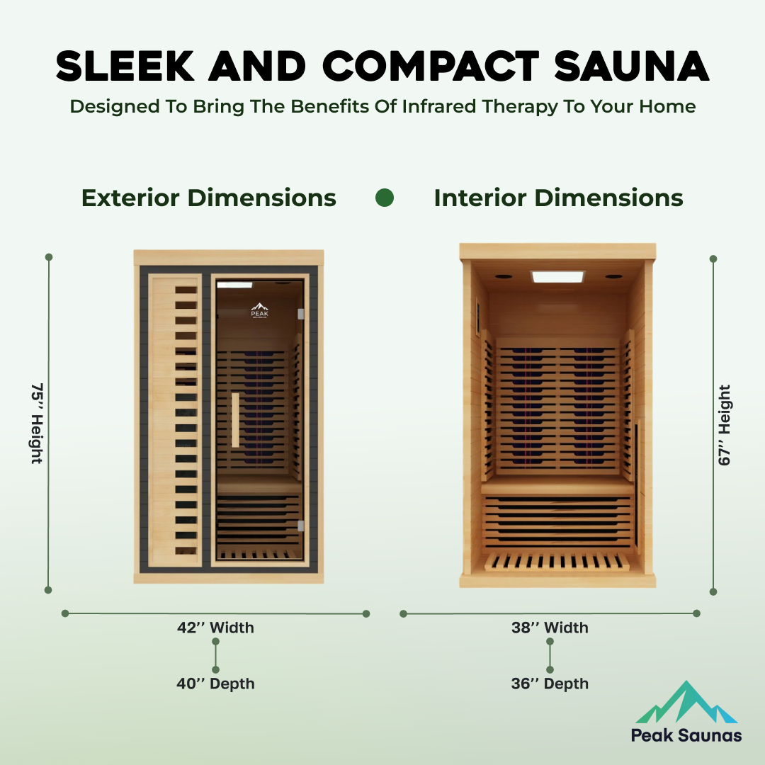 Peak Saunas Shasta 1-Person Full Spectrum Infrared Sauna with XL Medical-Grade Red Light Therapy & Smart WiFi App Control - Energize Trek